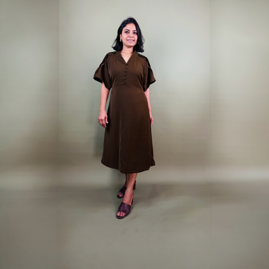 Brown Flutter Sleeve Midi Dress