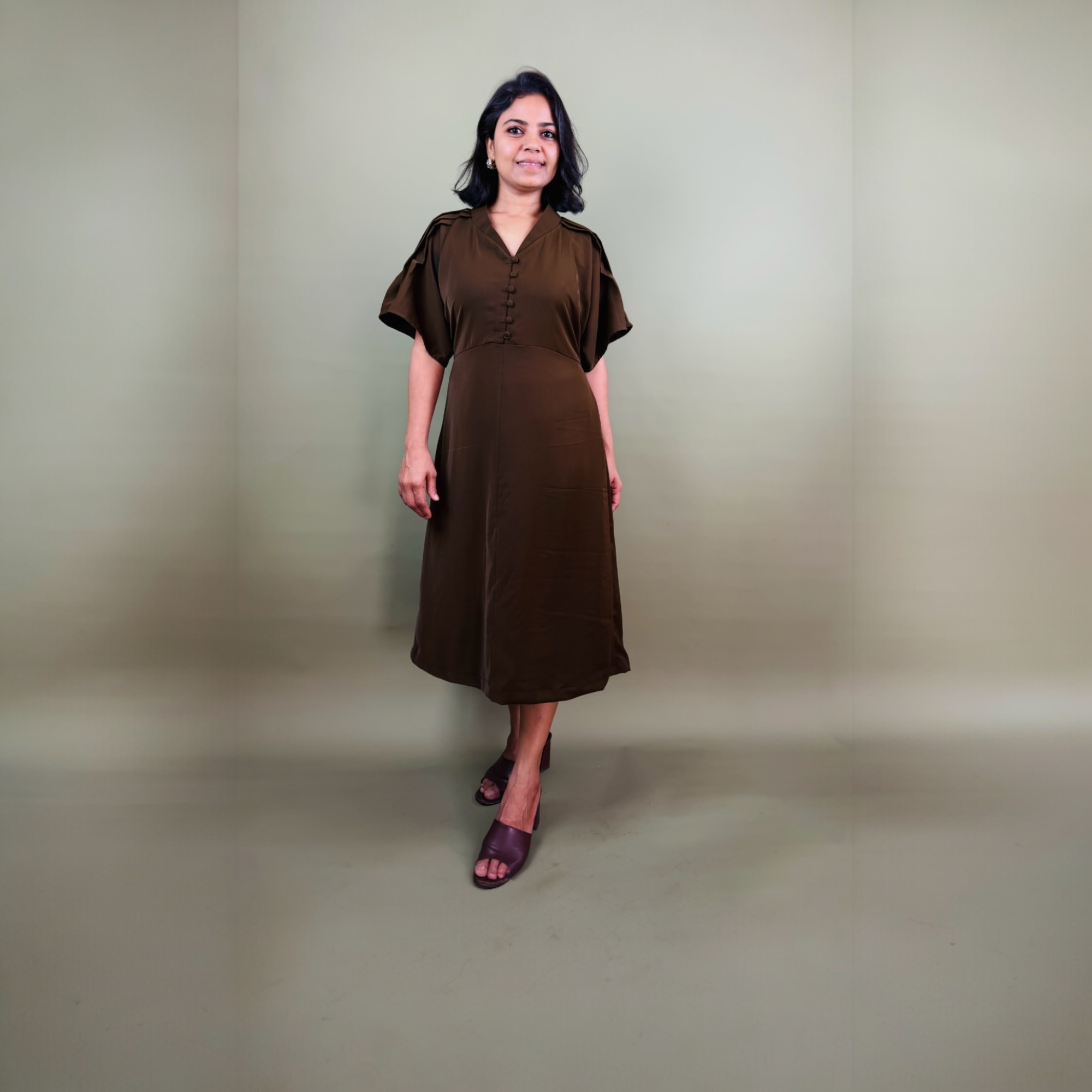 Brown Flutter Sleeve Midi Dress