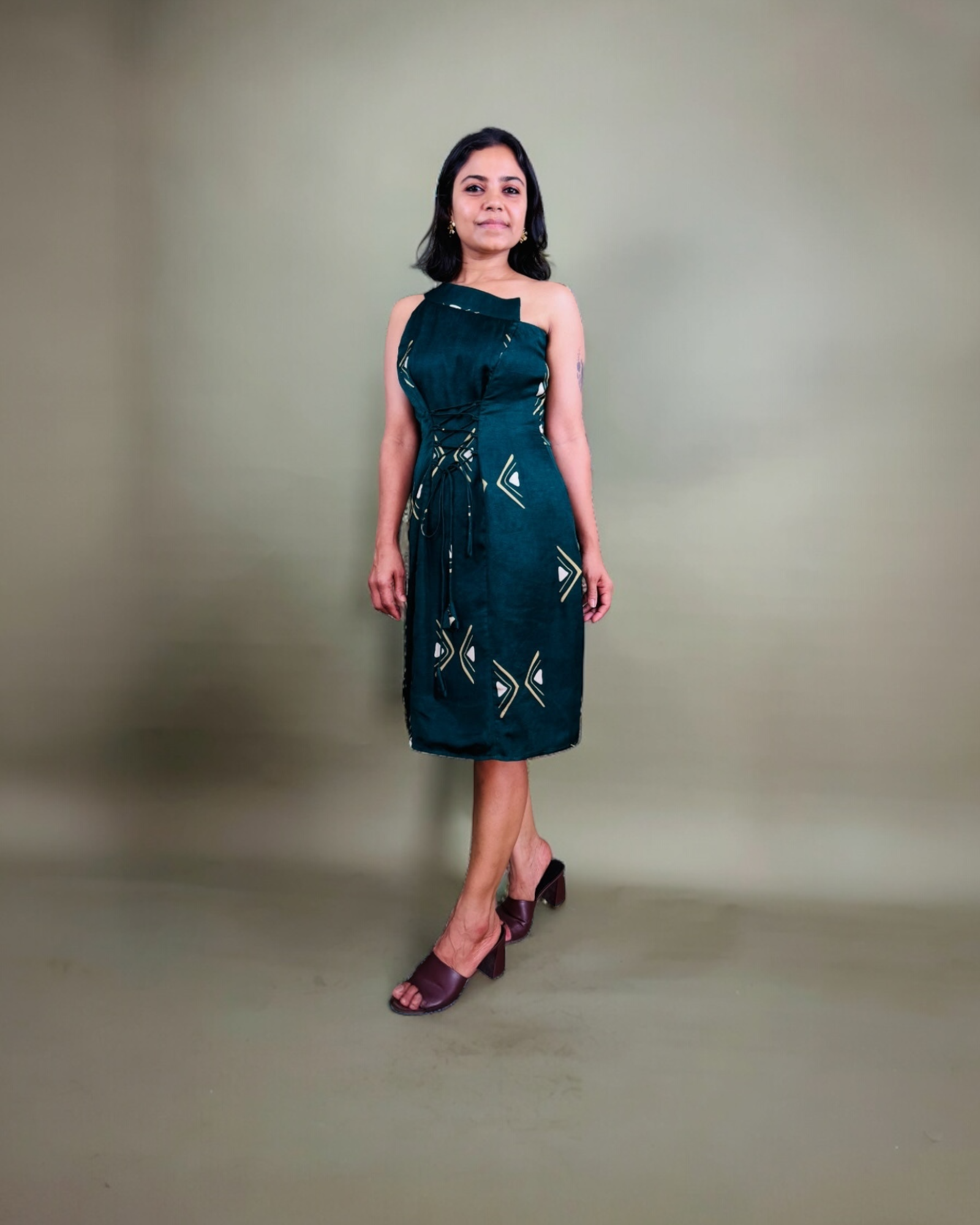 Teal Geometric One-Shoulder Dress