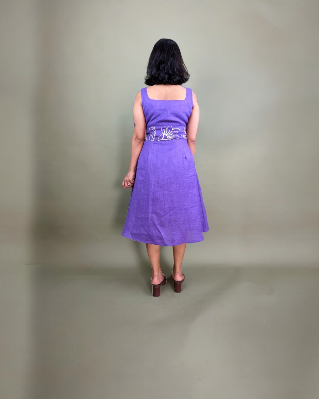 Purple Floral Embroidered Midi Dress