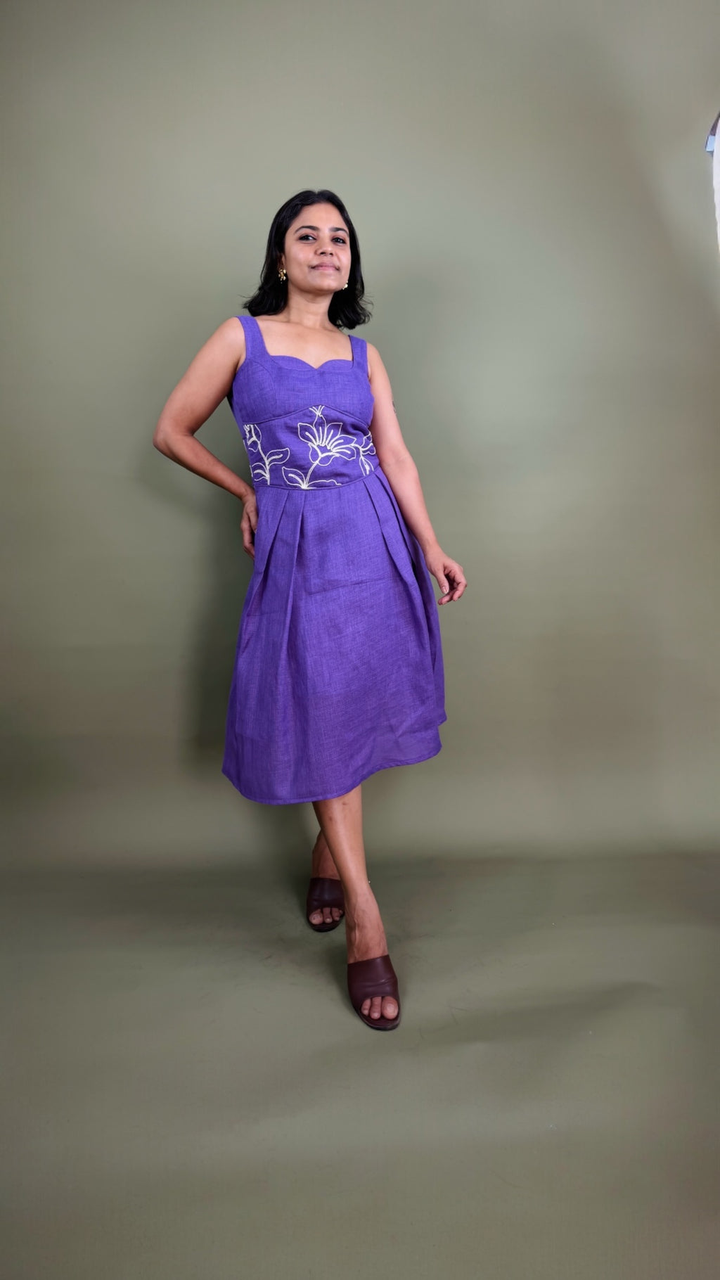 Purple Floral Embroidered Midi Dress