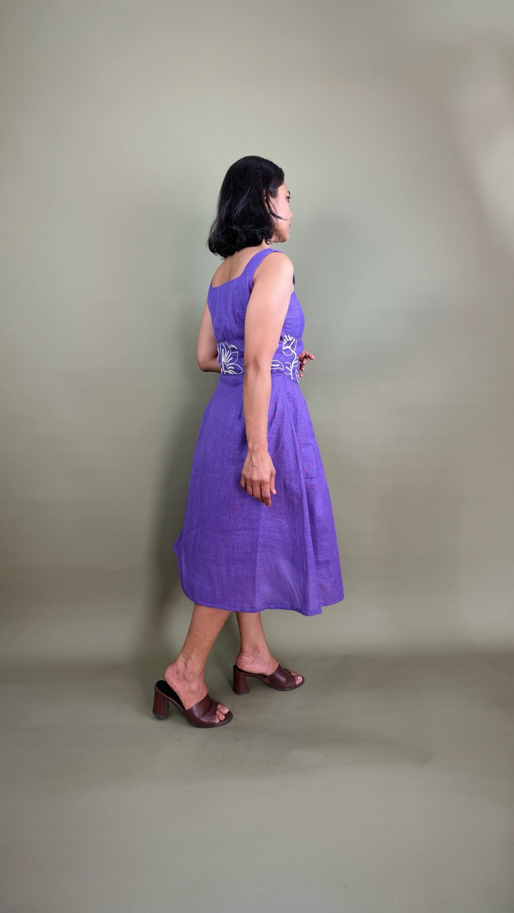 Purple Floral Embroidered Midi Dress