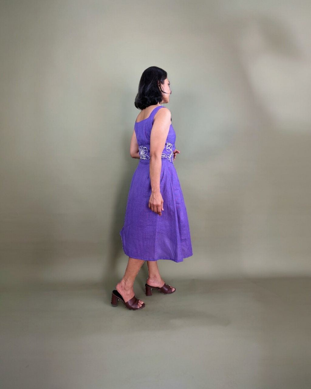 Purple Floral Embroidered Midi Dress