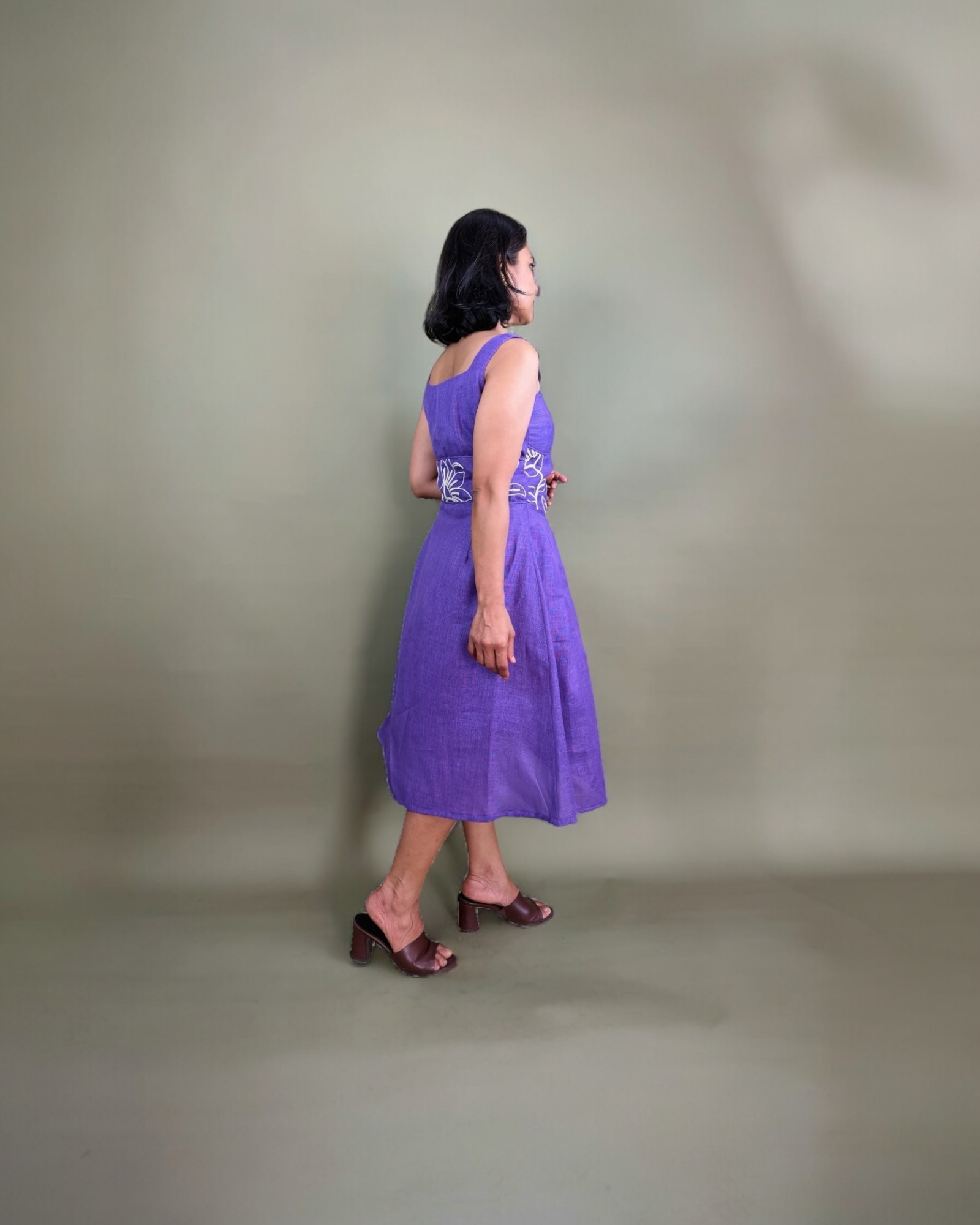 Purple Floral Embroidered Midi Dress
