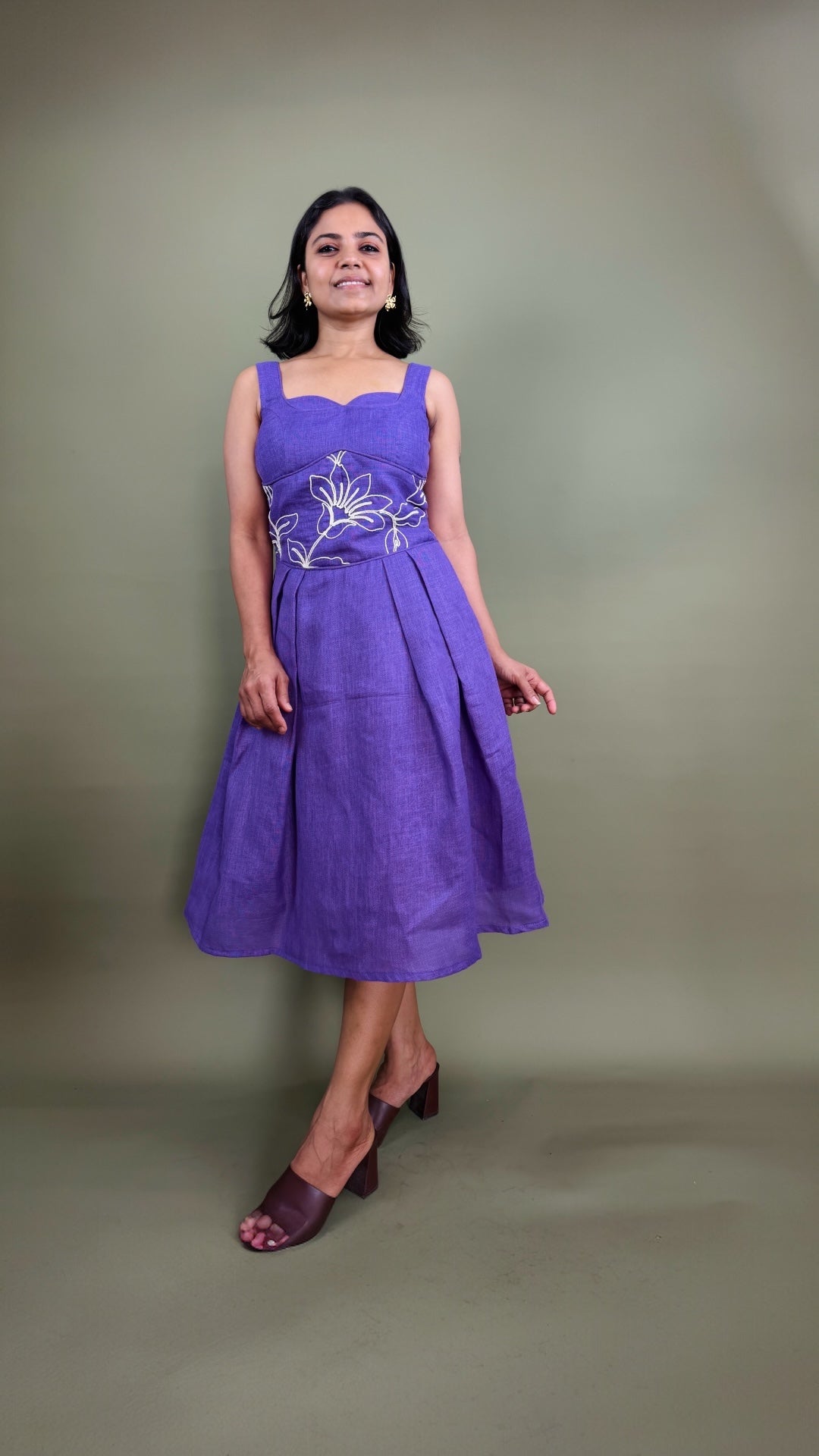 Purple Floral Embroidered Midi Dress