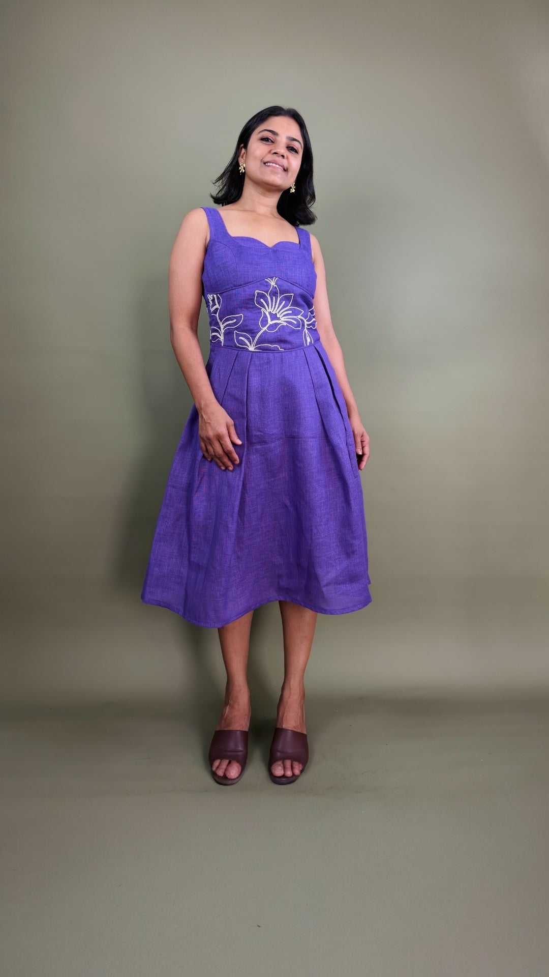 Purple Floral Embroidered Midi Dress