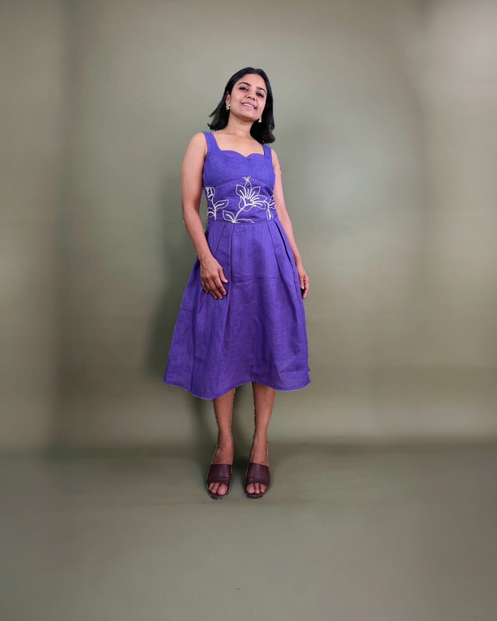 Purple Floral Embroidered Midi Dress