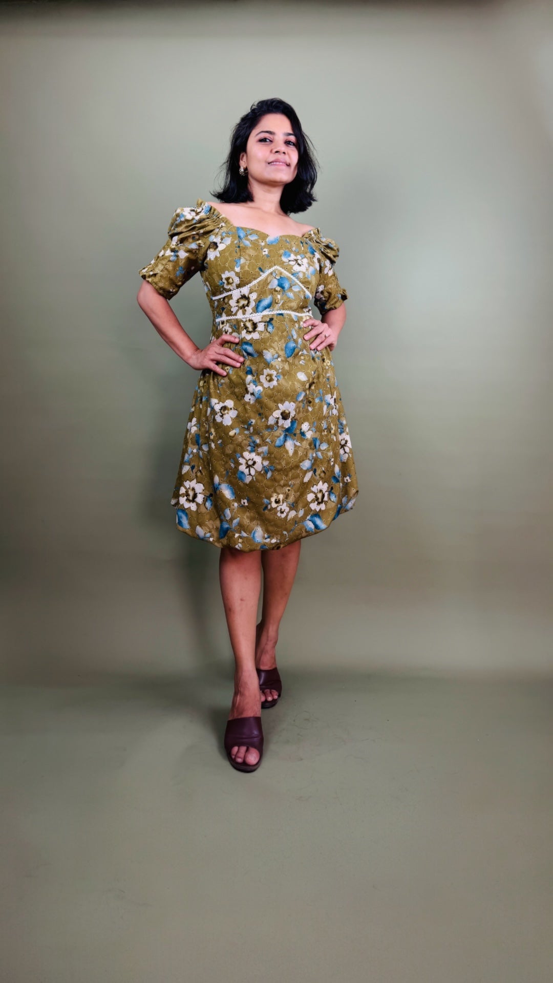 Olive Floral Off-Shoulder Puff Sleeve Dress