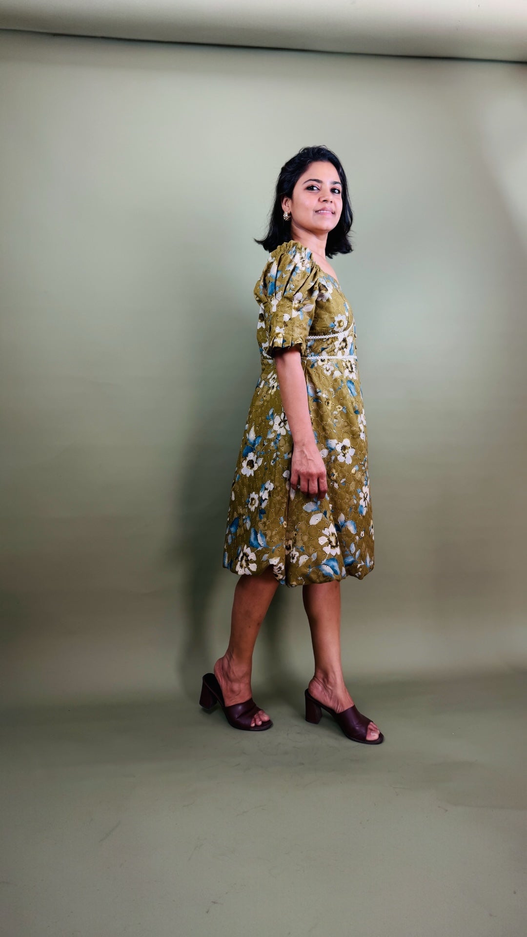Olive Floral Off-Shoulder Puff Sleeve Dress