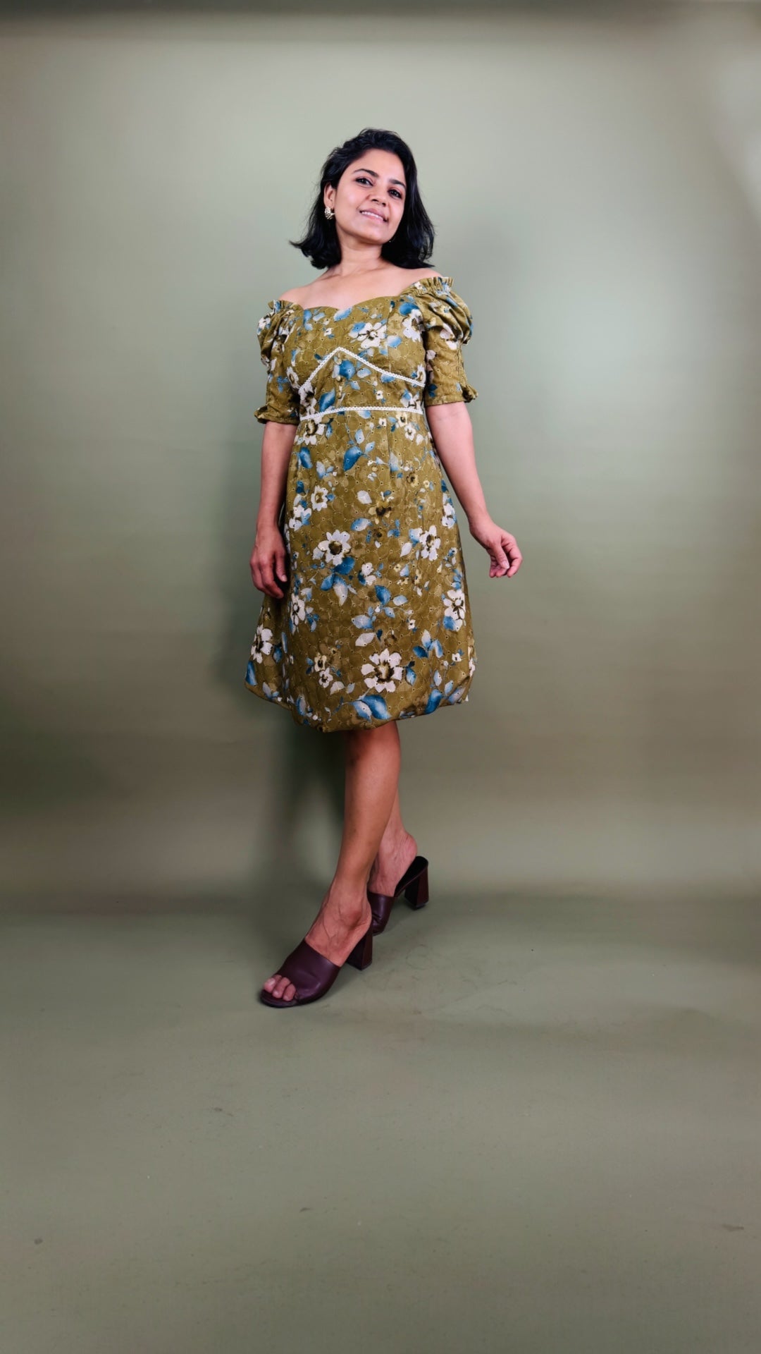 Olive Floral Off-Shoulder Puff Sleeve Dress