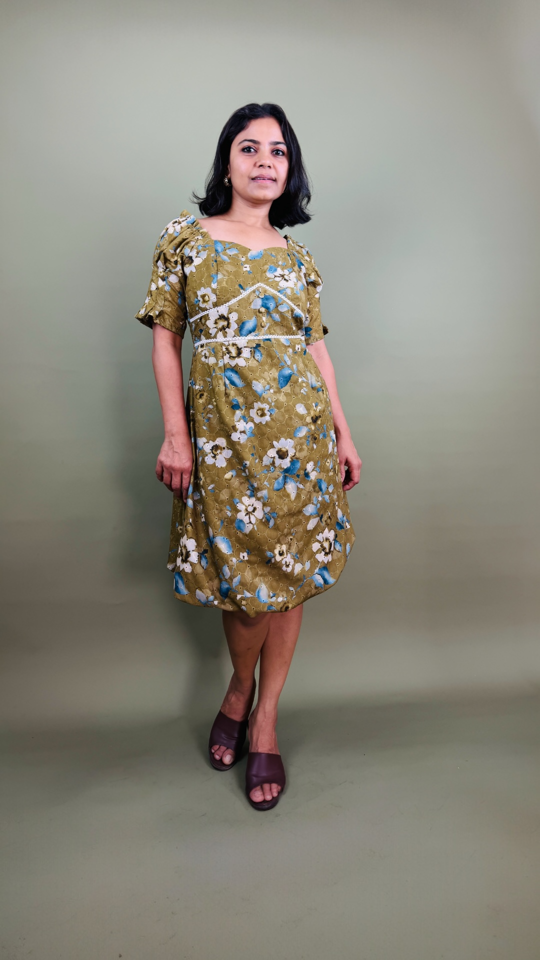 Olive Floral Off-Shoulder Puff Sleeve Dress