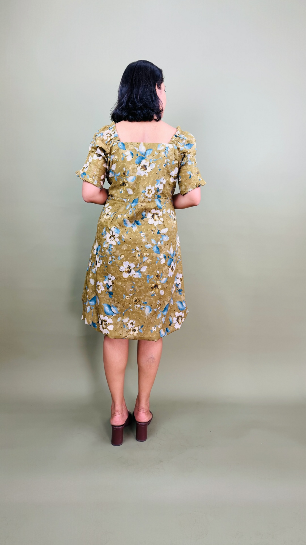 Olive Floral Off-Shoulder Puff Sleeve Dress