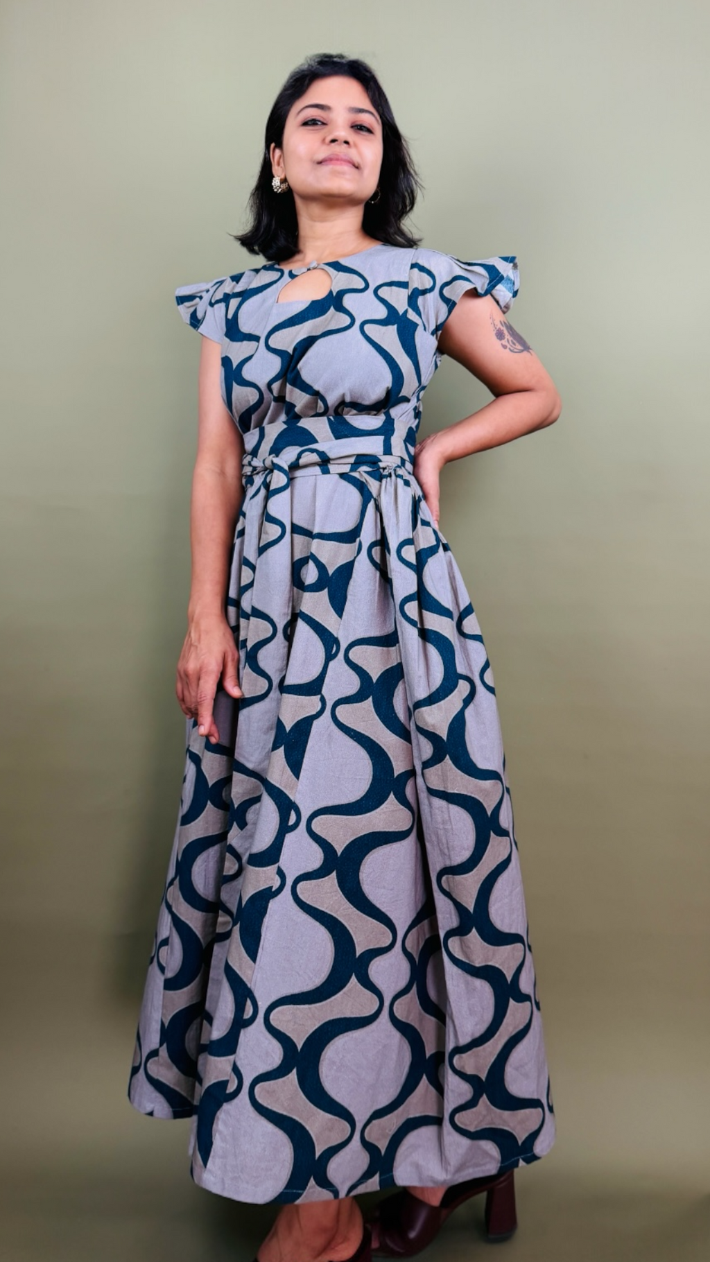 Teal Abstract Print Flutter Sleeve Maxi Dress