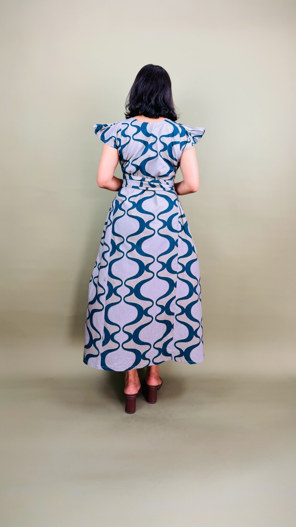 Teal Abstract Print Flutter Sleeve Maxi Dress