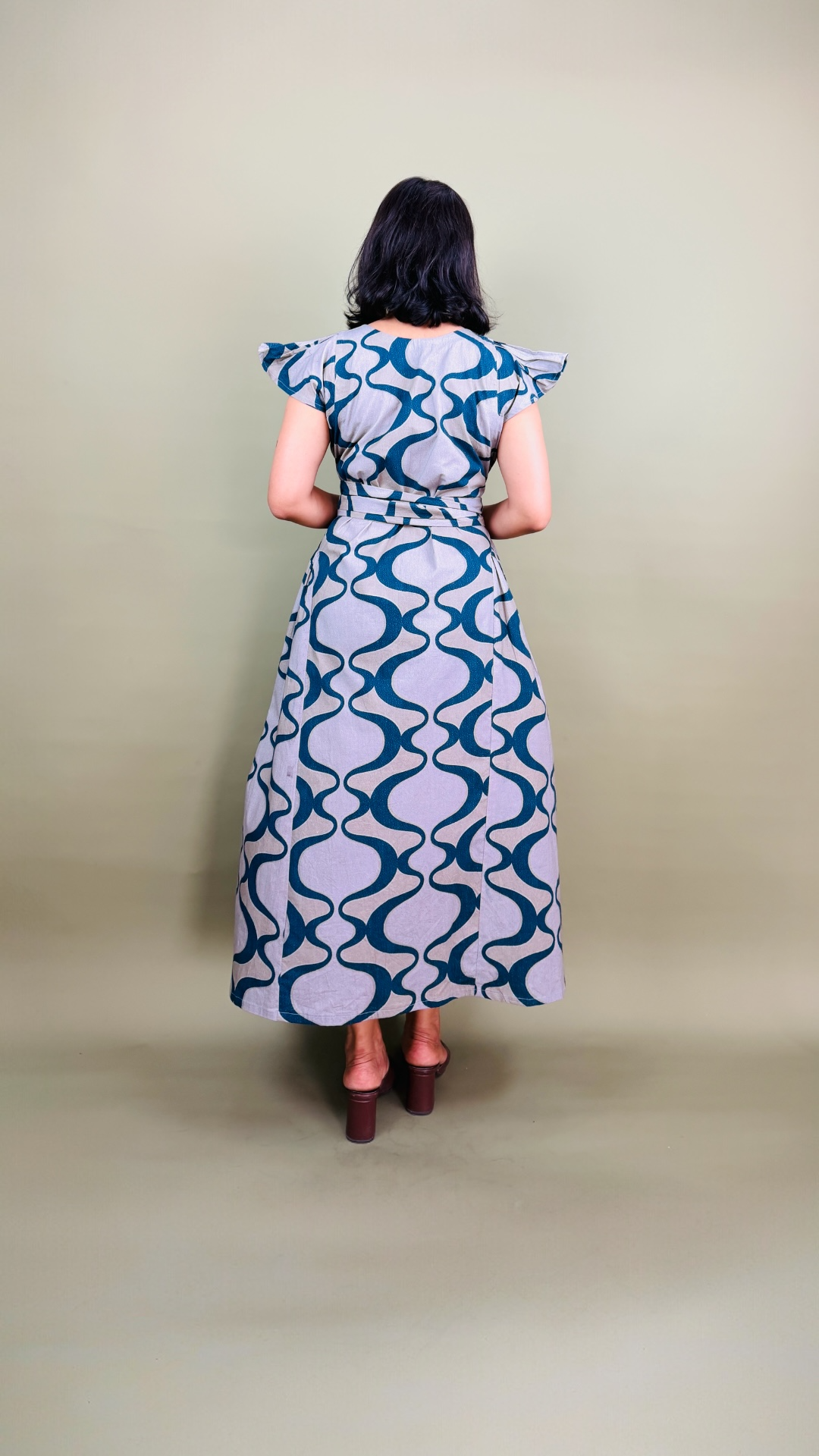 Teal Abstract Print Flutter Sleeve Maxi Dress