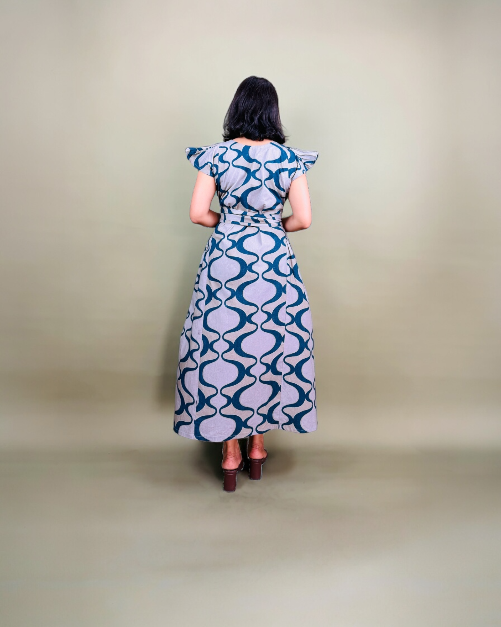 Teal Abstract Print Flutter Sleeve Maxi Dress