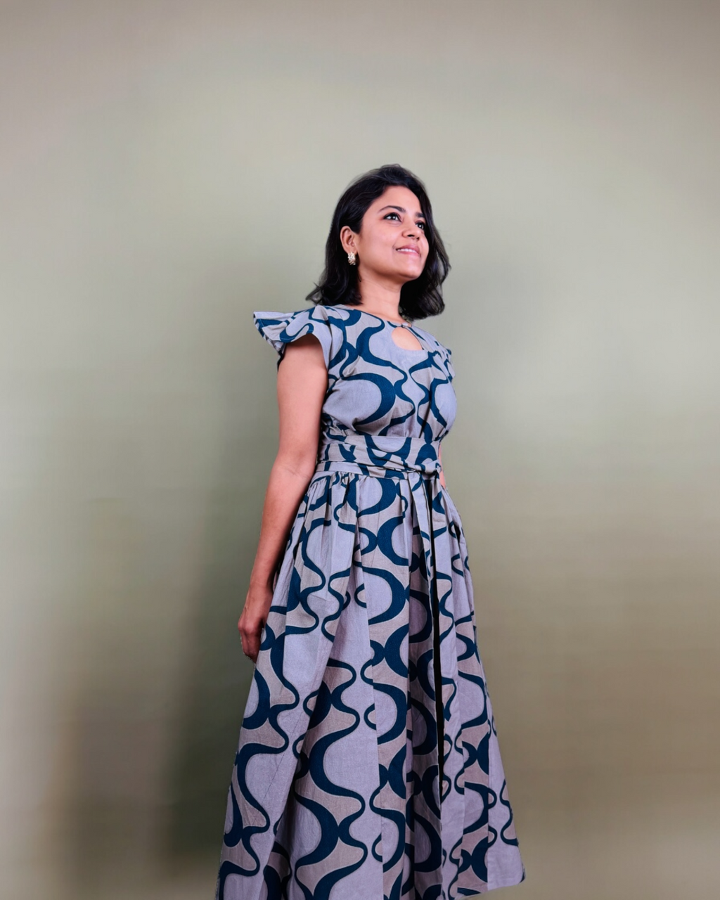 Teal Abstract Print Flutter Sleeve Maxi Dress