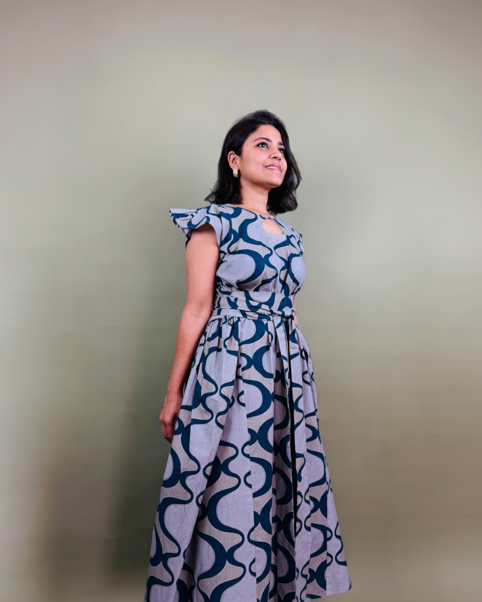 Teal Abstract Print Flutter Sleeve Maxi Dress