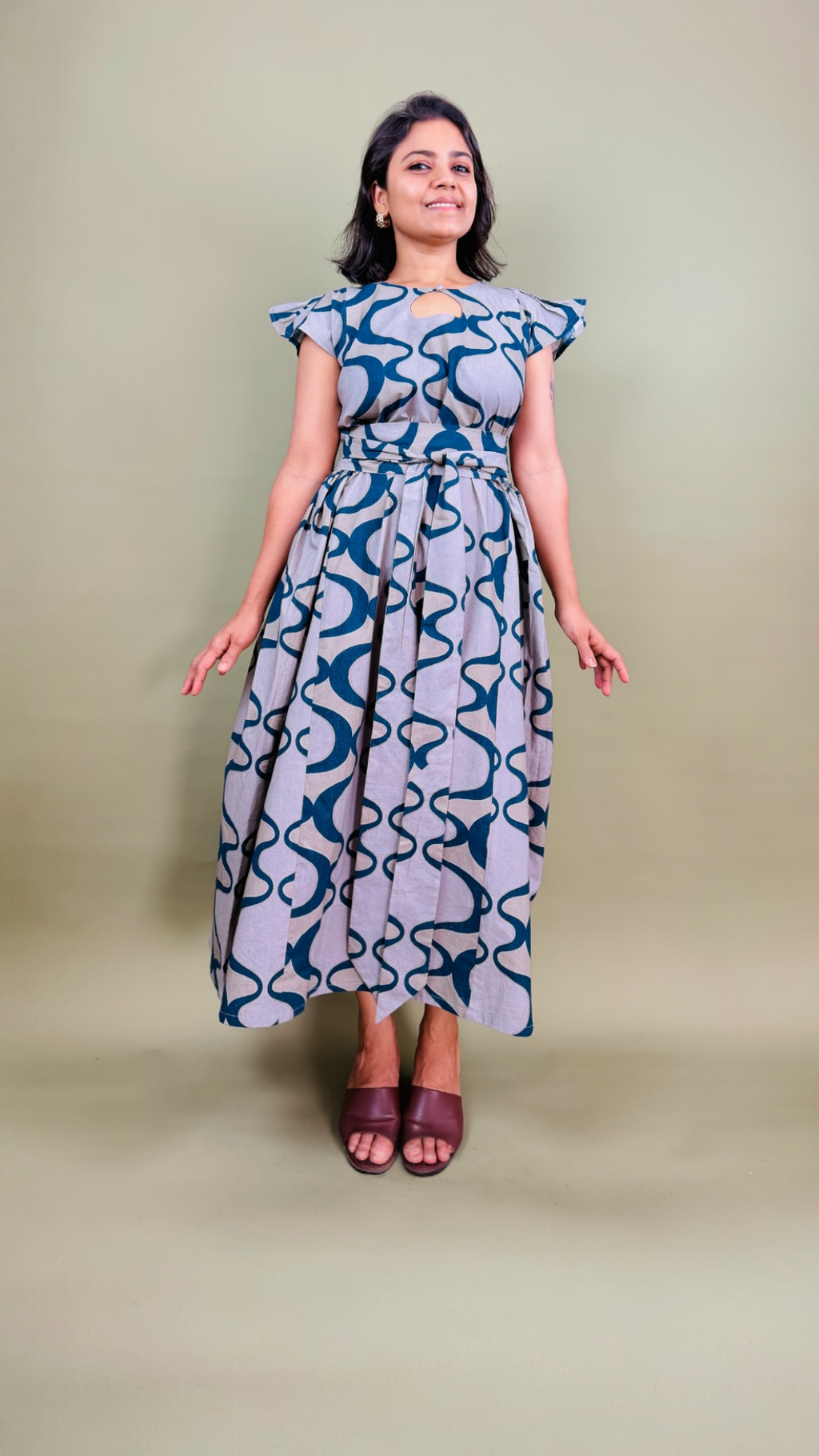 Teal Abstract Print Flutter Sleeve Maxi Dress