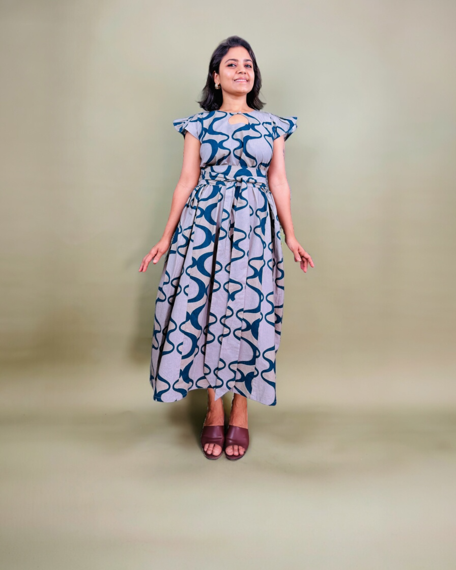 Teal Abstract Print Flutter Sleeve Maxi Dress