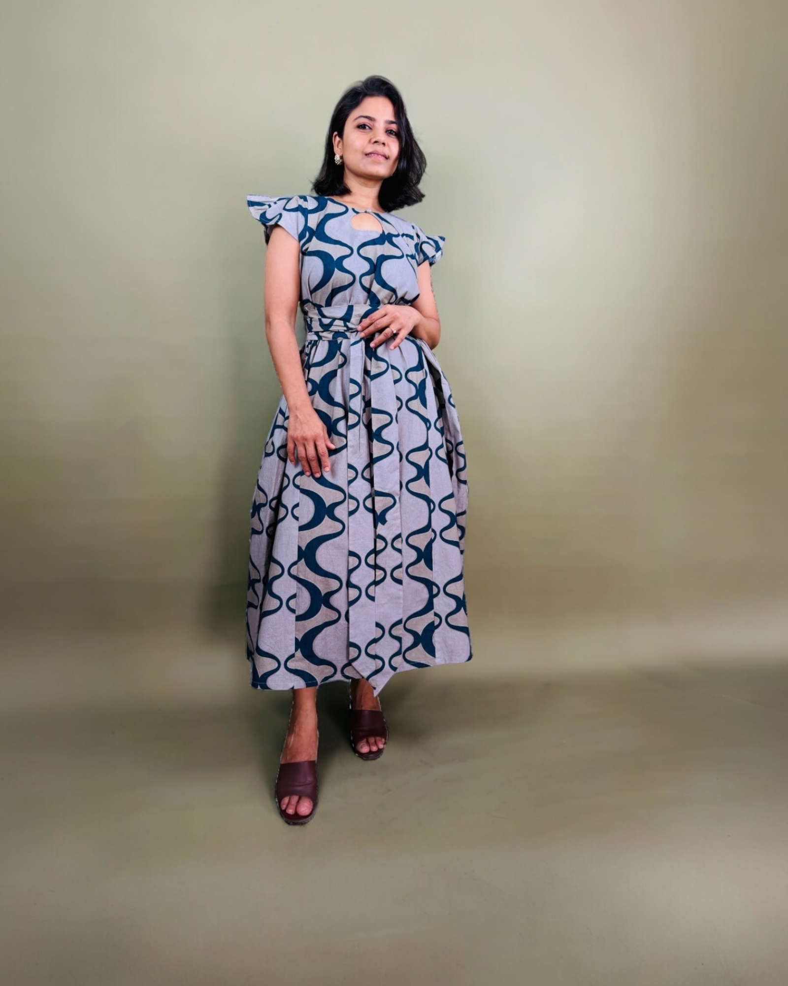 Teal Abstract Print Flutter Sleeve Maxi Dress