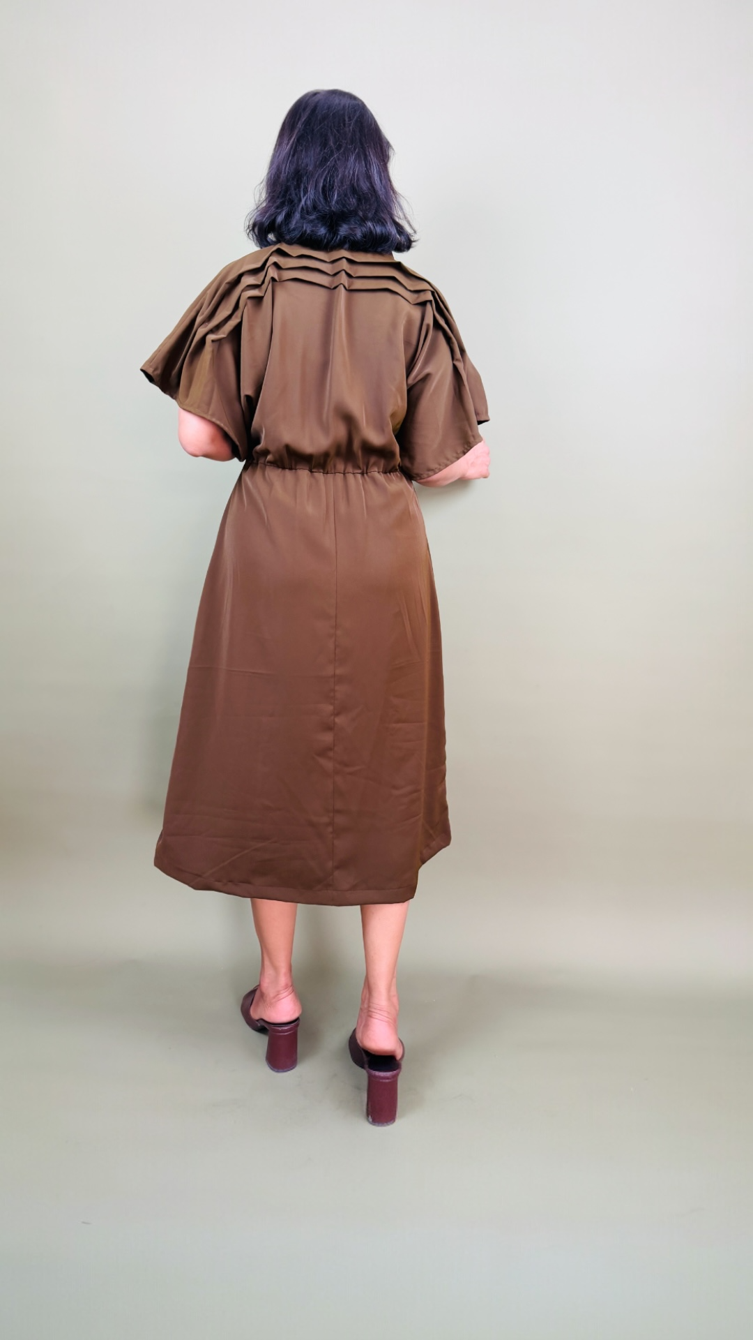 Brown Flutter Sleeve Midi Dress