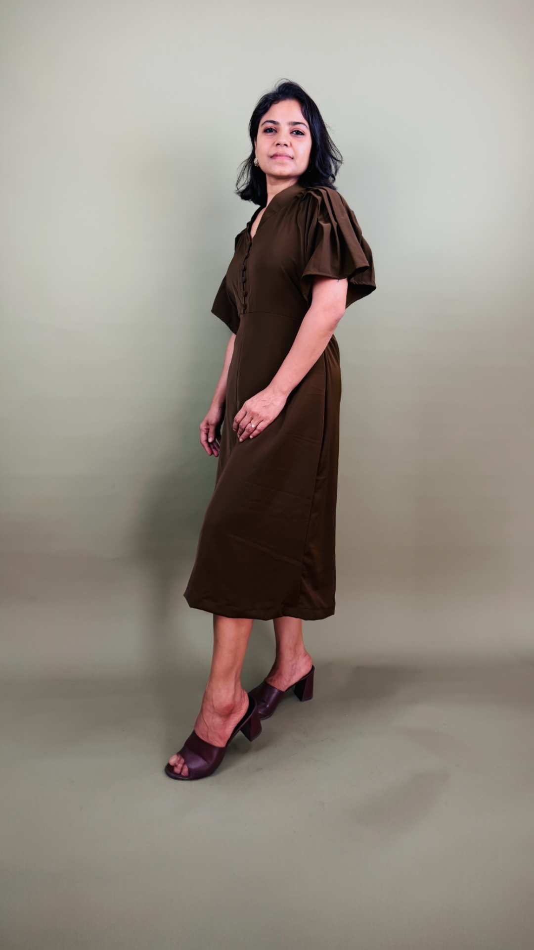 Brown Flutter Sleeve Midi Dress