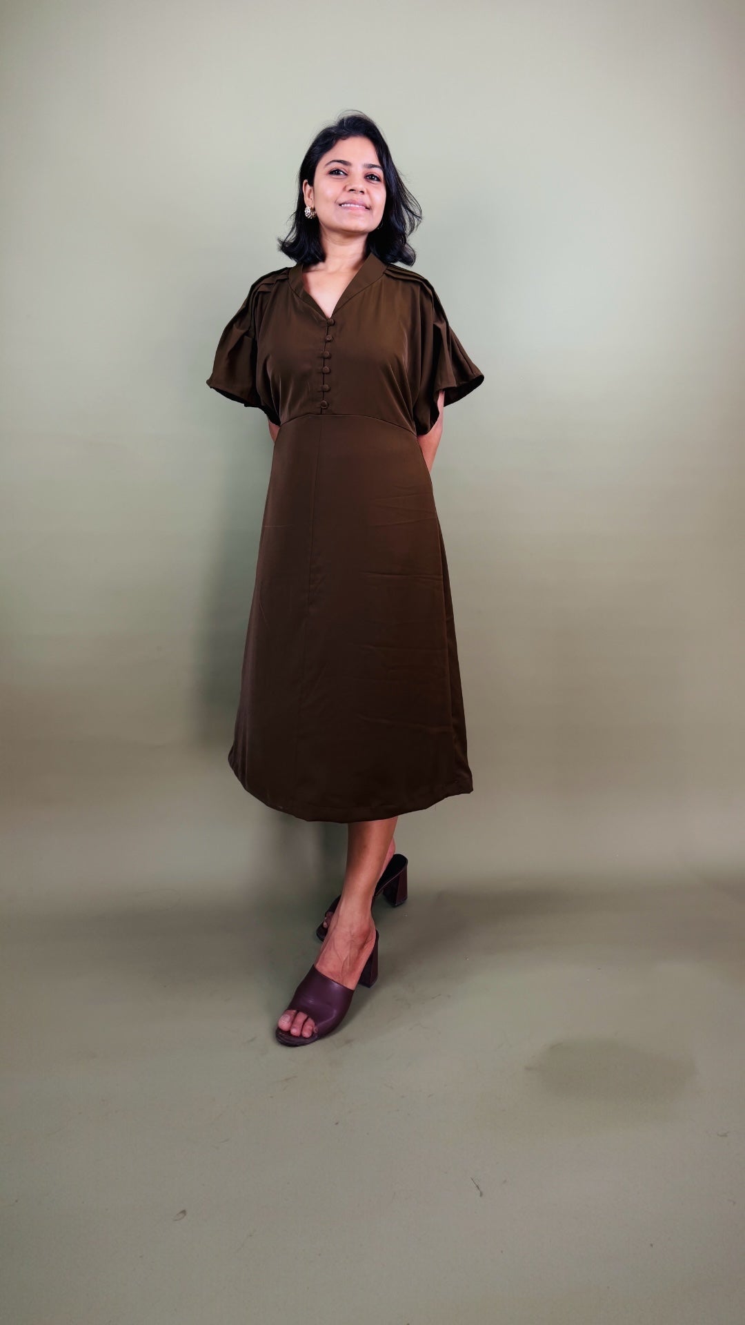 Brown Flutter Sleeve Midi Dress