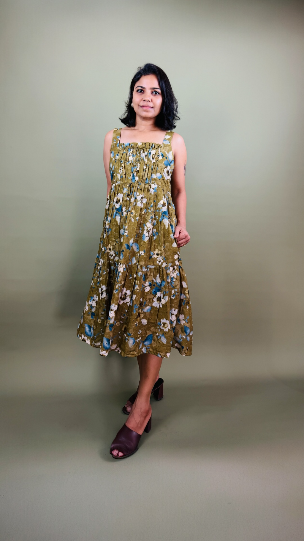 Olive Floral Tiered Midi Dress