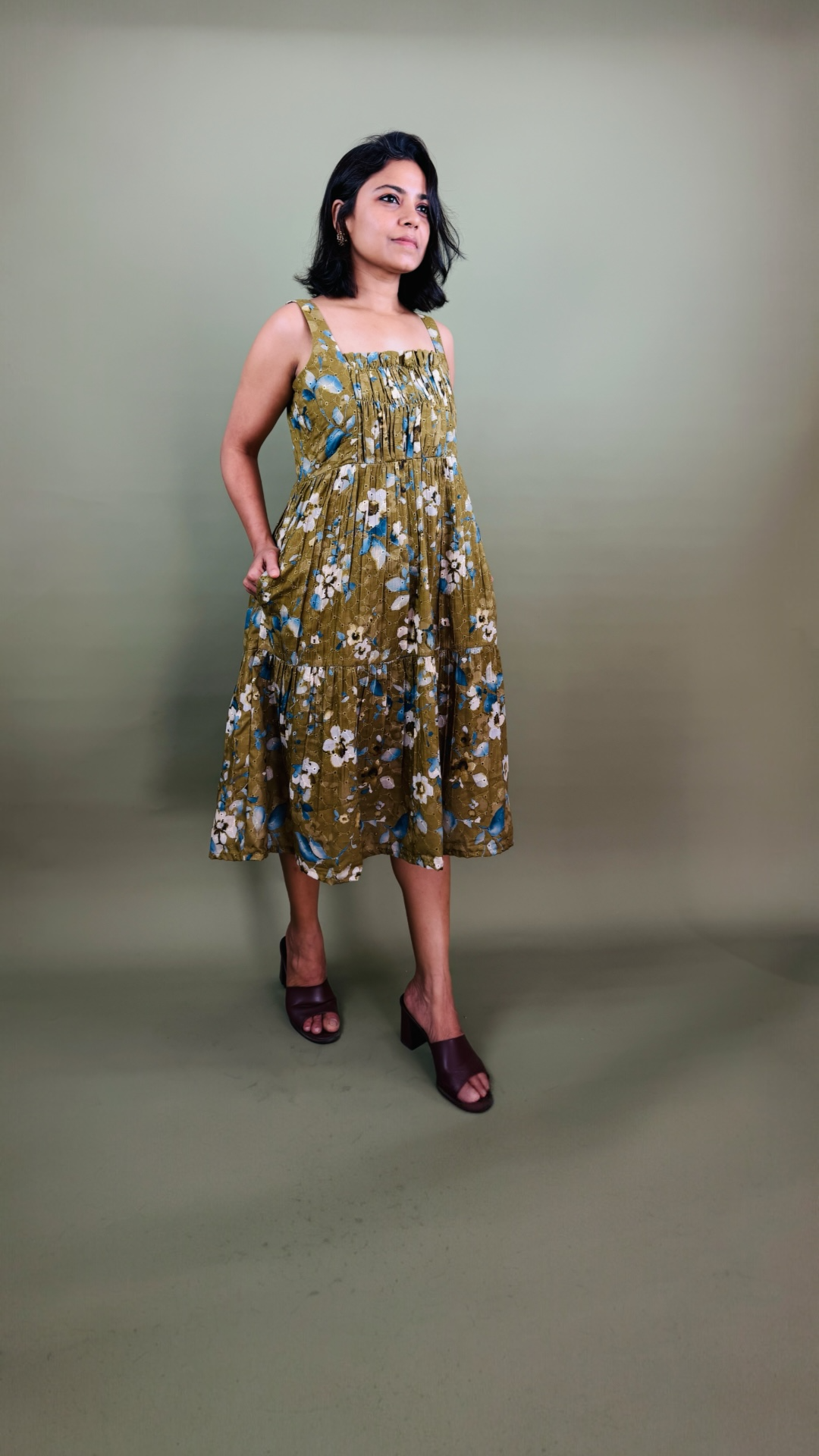 Olive Floral Tiered Midi Dress