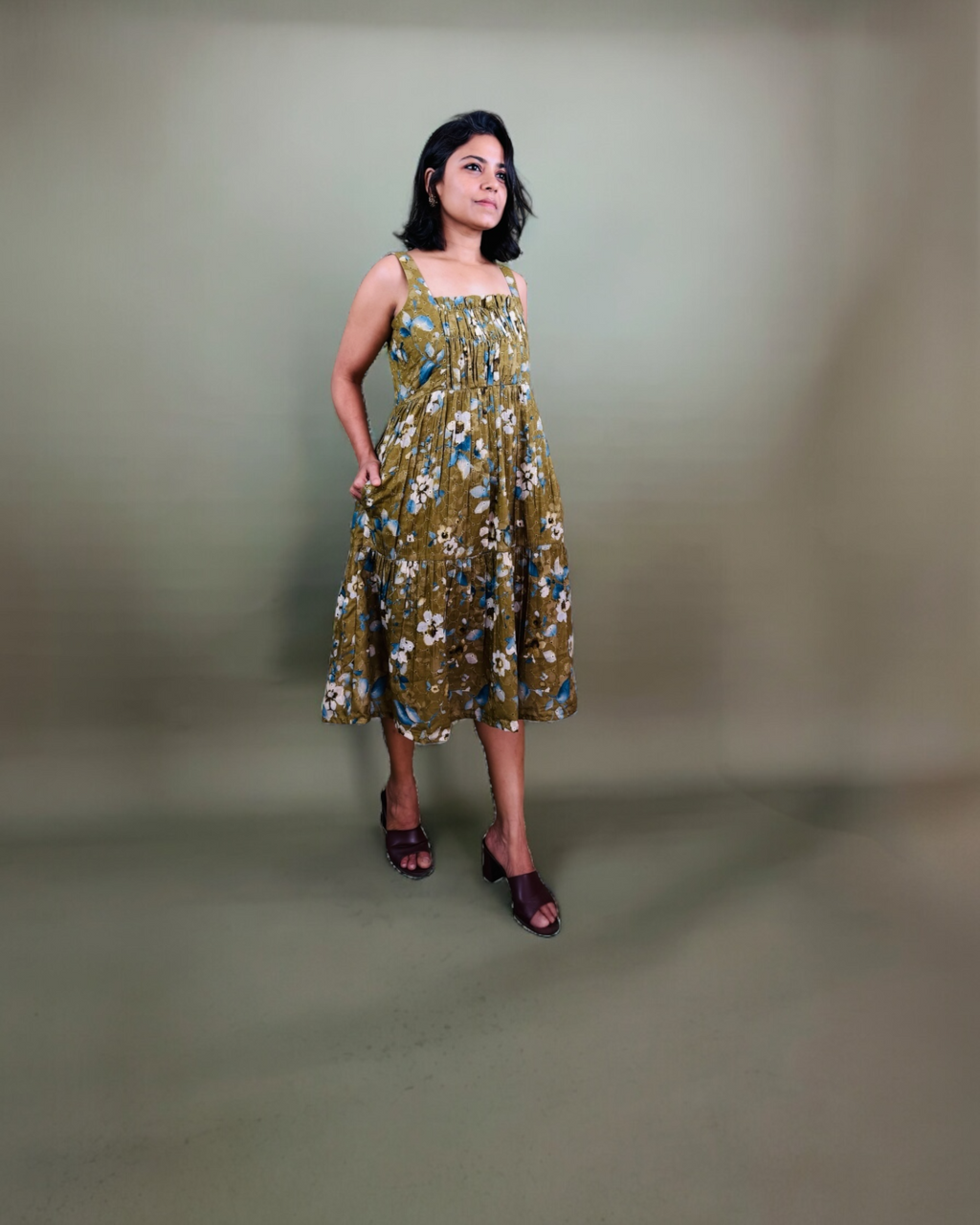 Olive Floral Tiered Midi Dress