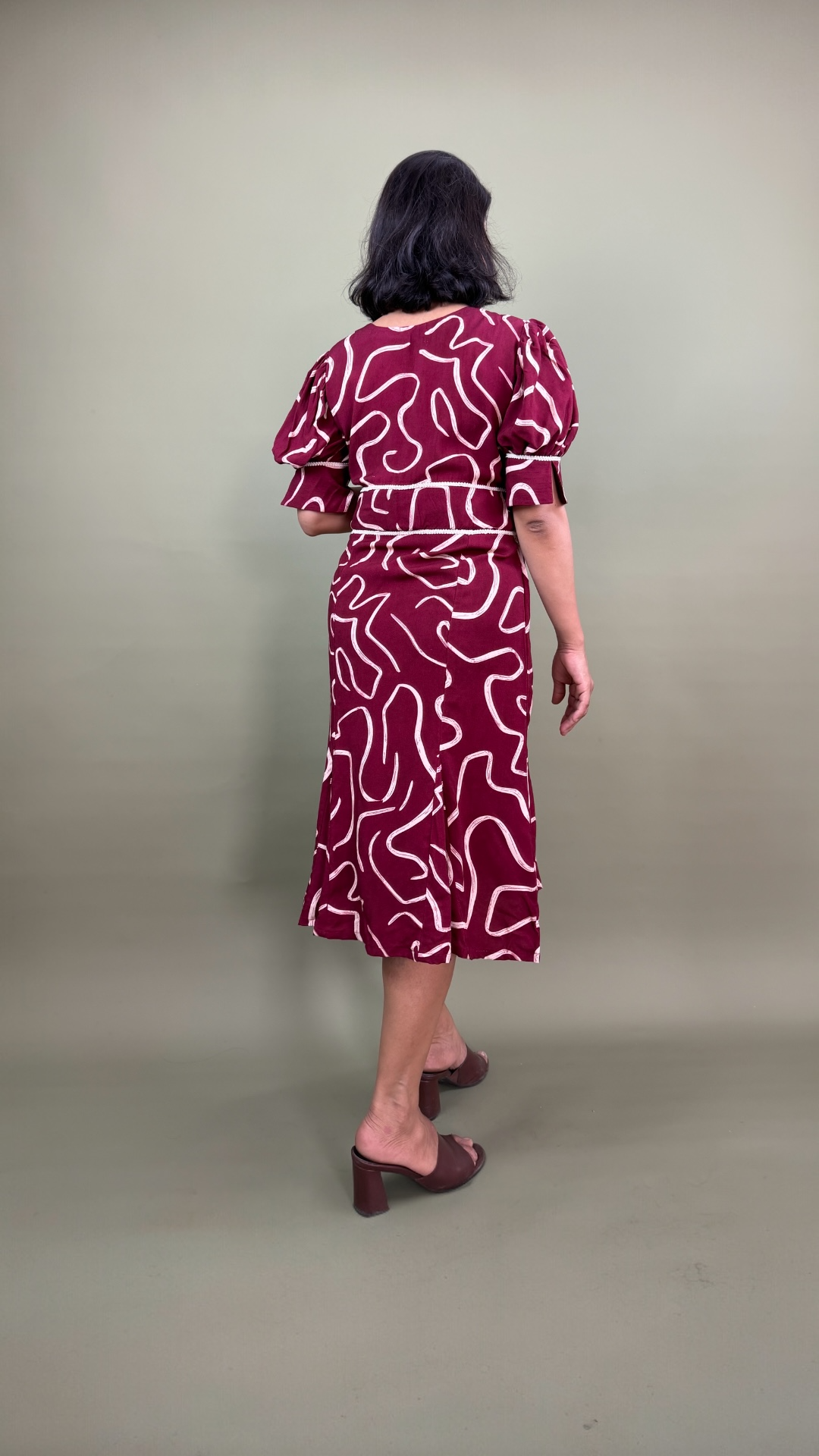 Maroon Abstract Print Midi Dress
