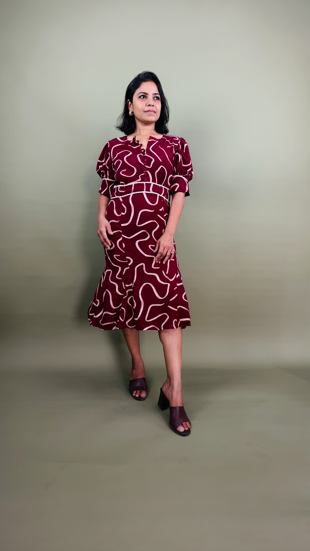 Maroon Abstract Print Midi Dress