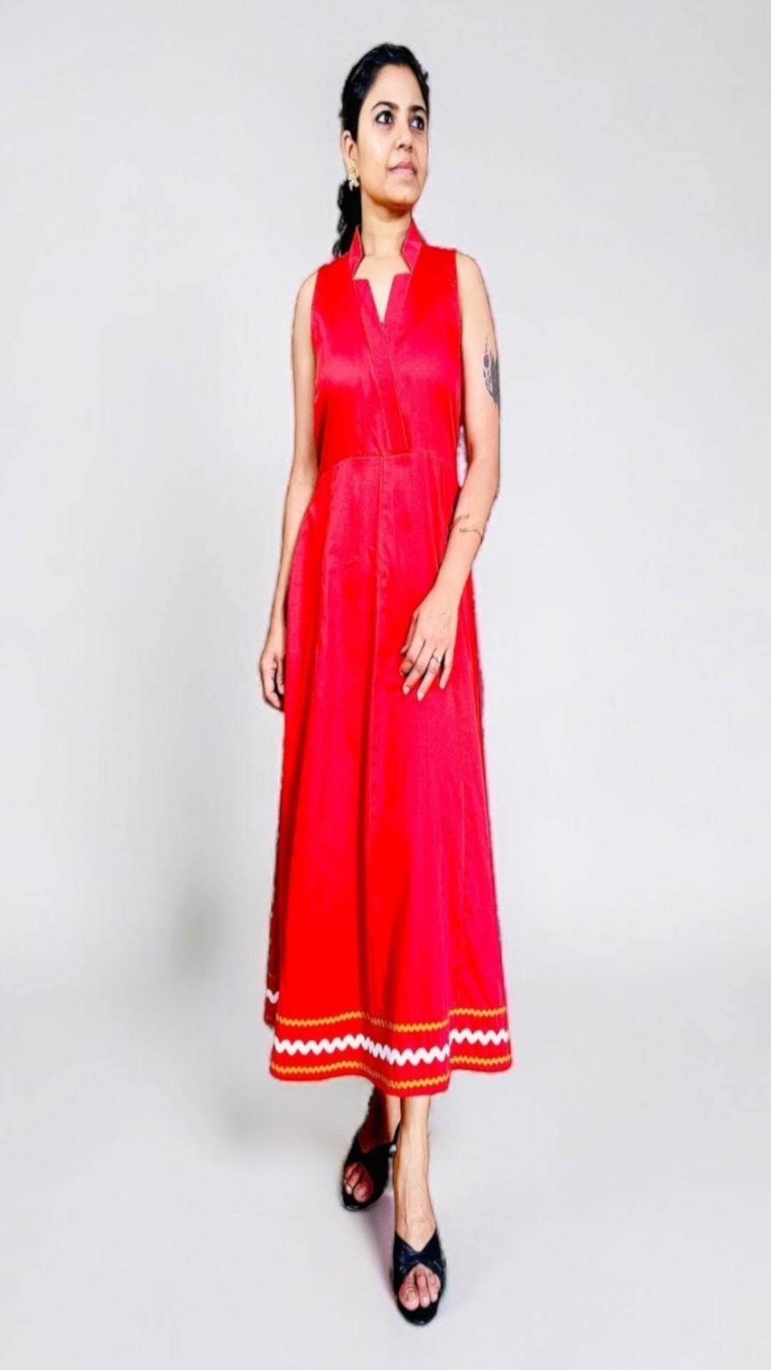 Cherry Red Ric-Rac Trim Notch Collar Midi Dress