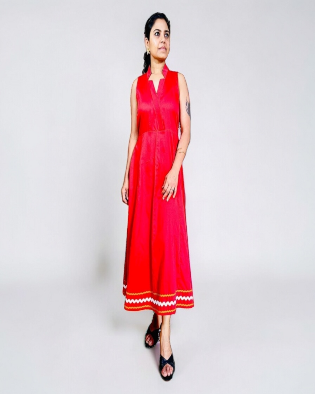 Cherry Red Ric-Rac Trim Notch Collar Midi Dress