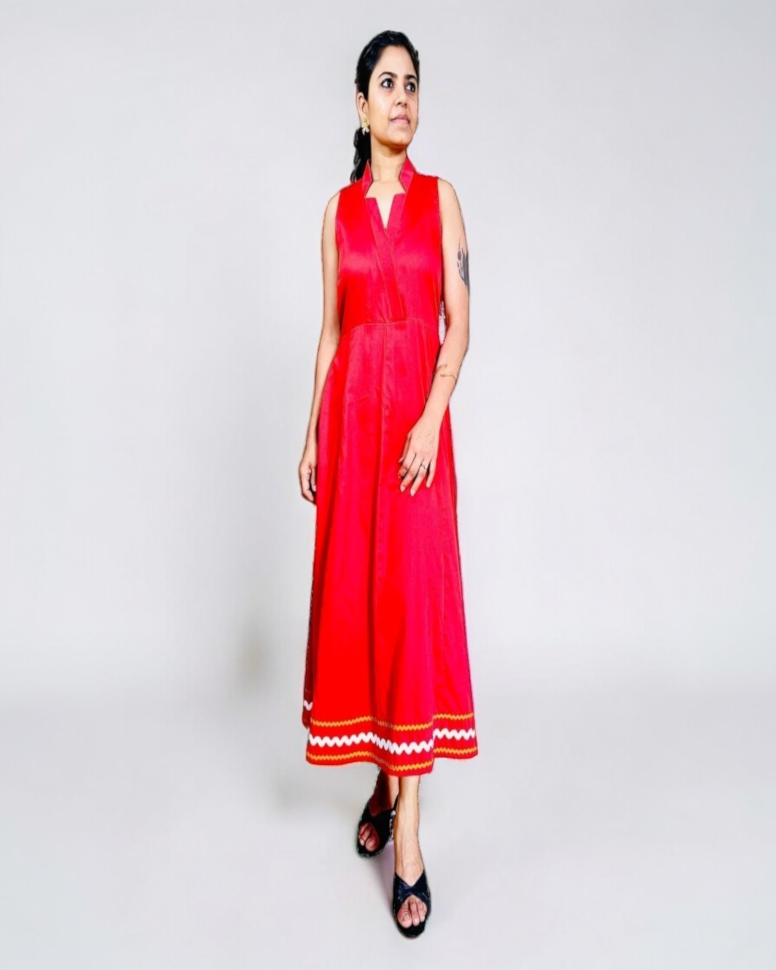 Cherry Red Ric-Rac Trim Notch Collar Midi Dress