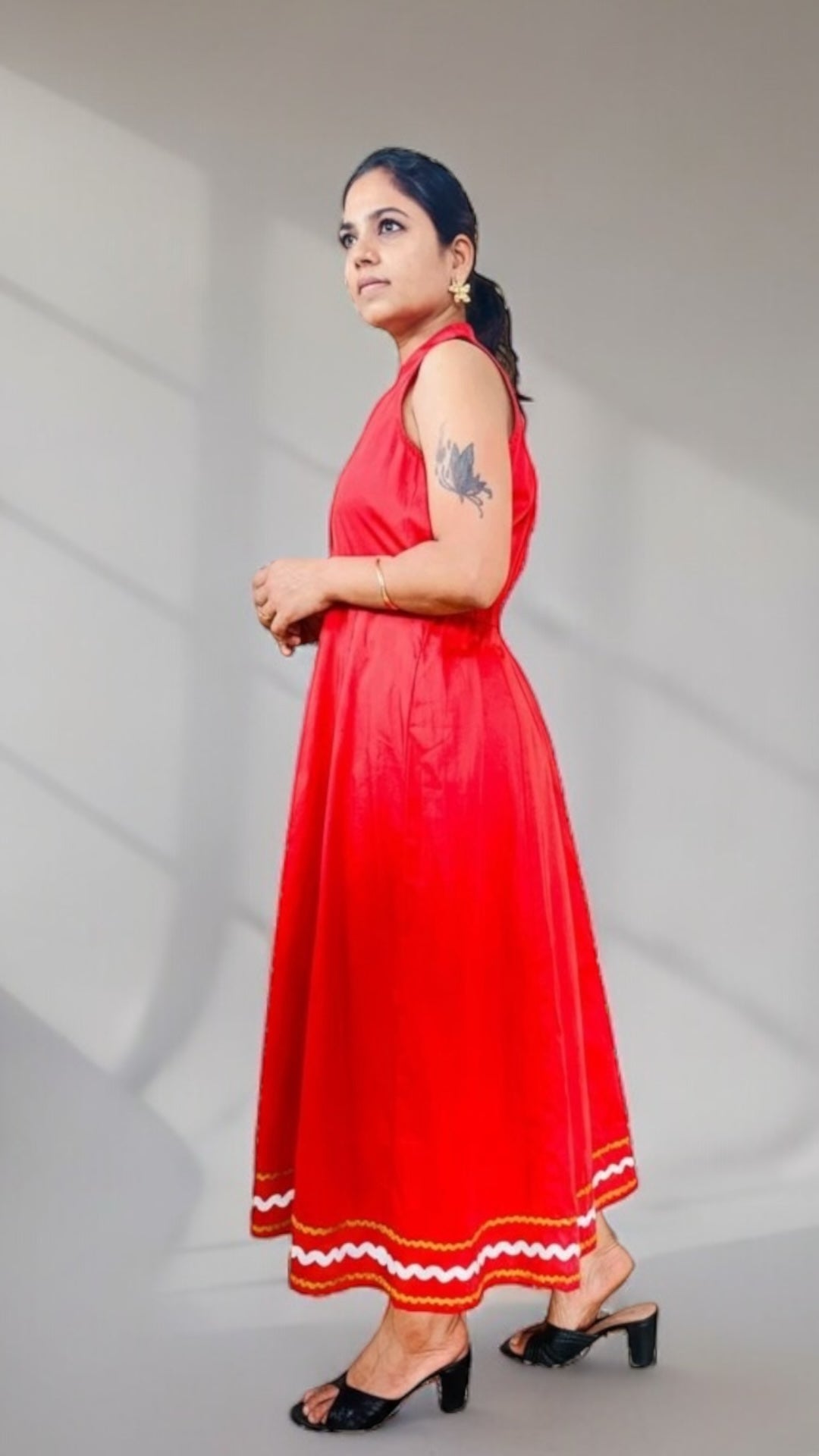 Cherry Red Ric-Rac Trim Notch Collar Midi Dress