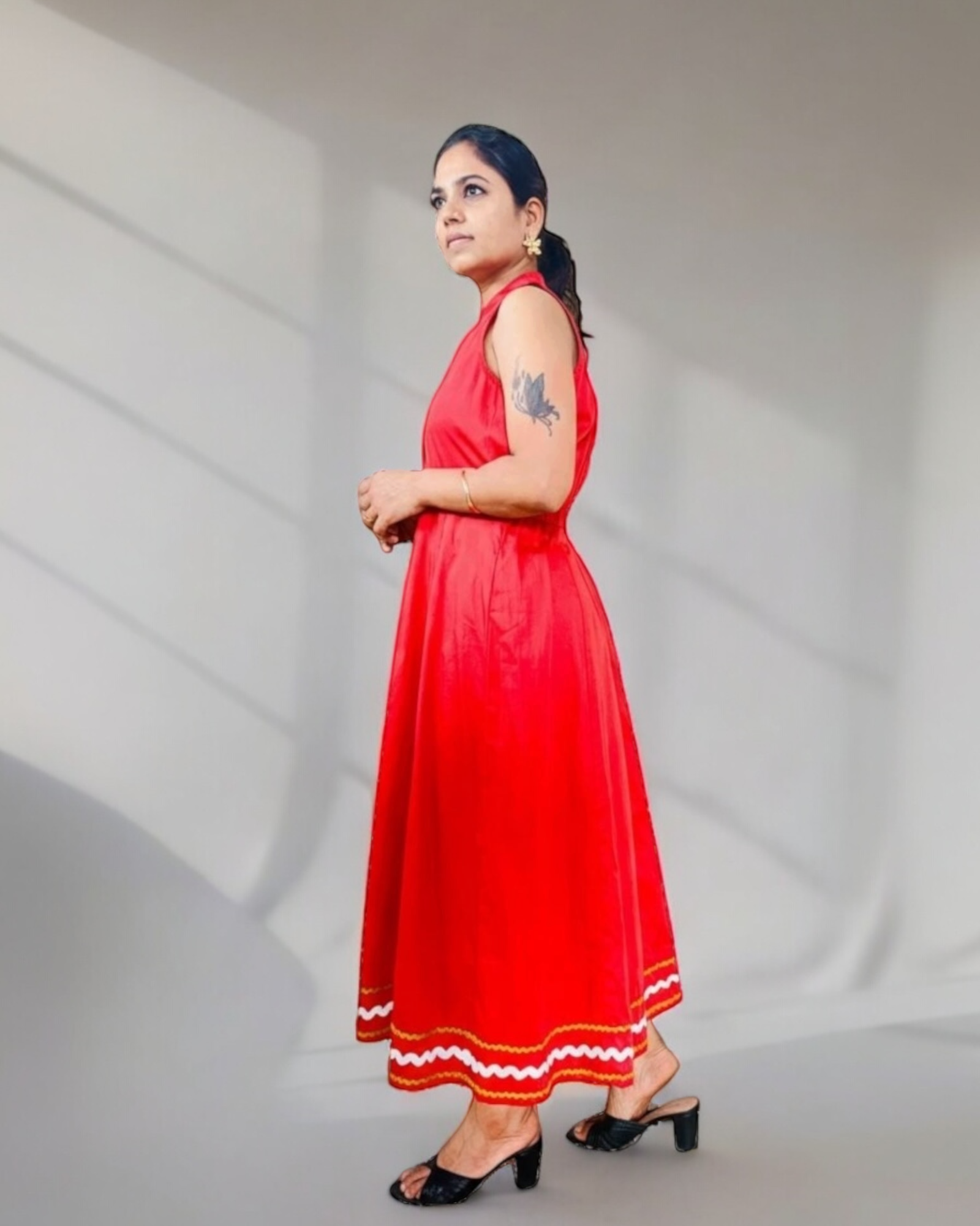 Cherry Red Ric-Rac Trim Notch Collar Midi Dress