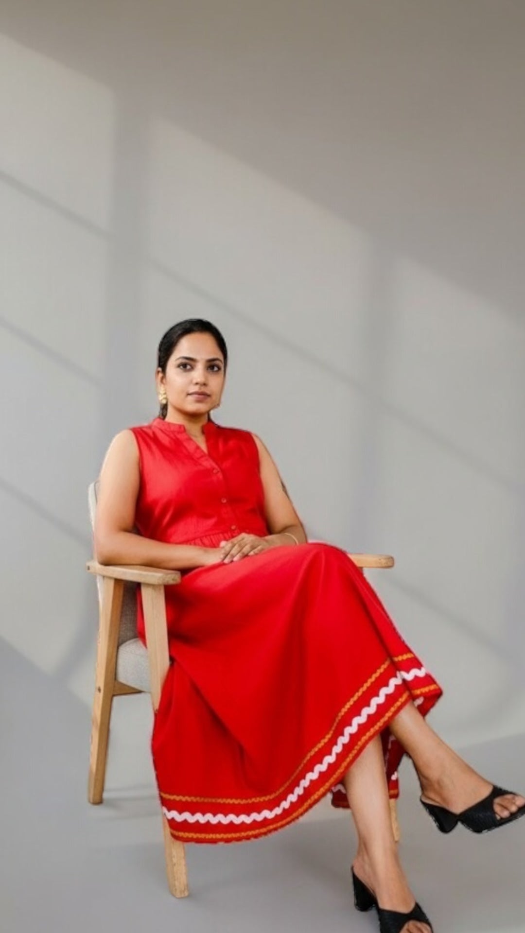Cherry Red Ric-Rac Trim Notch Collar Midi Dress
