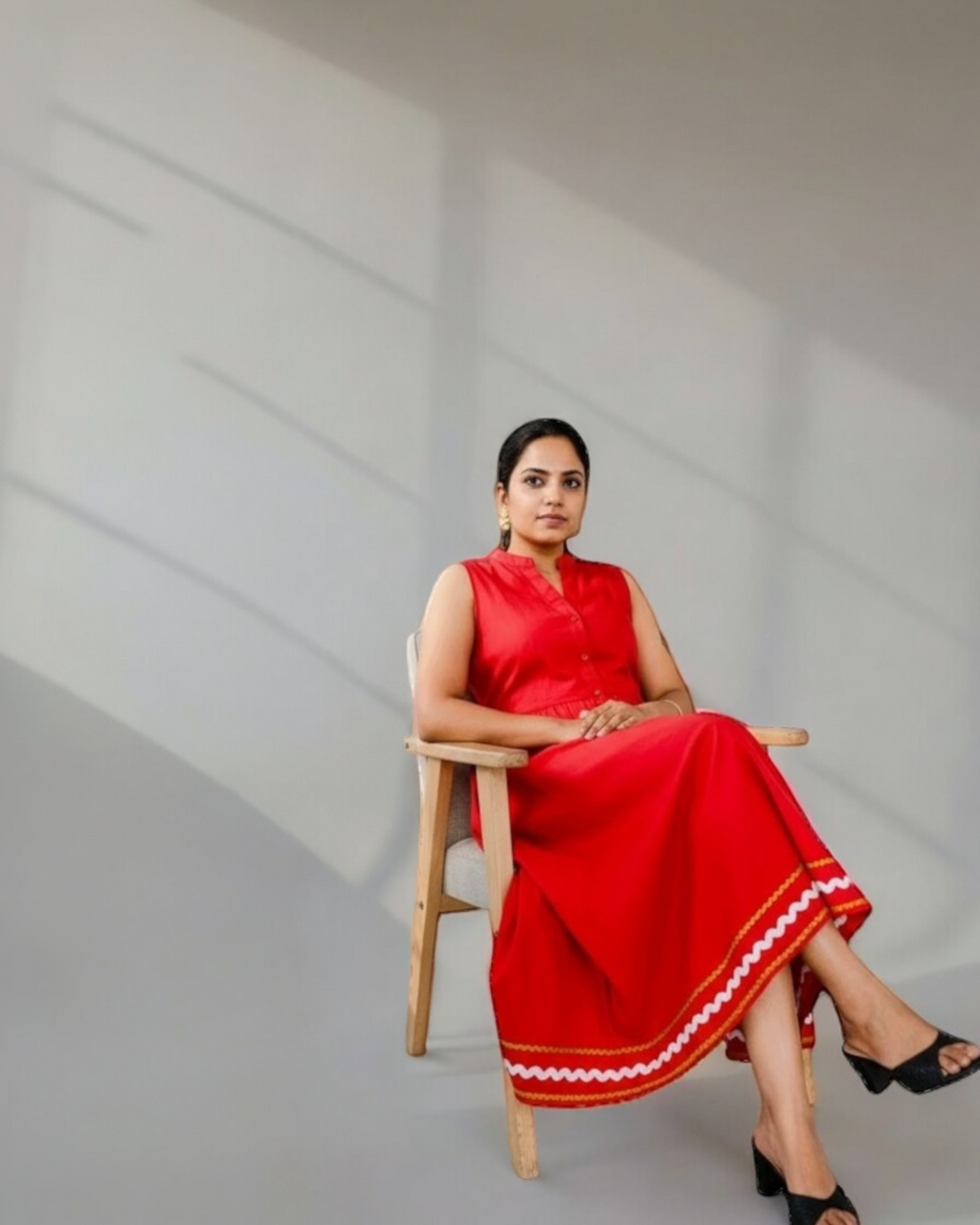 Cherry Red Ric-Rac Trim Notch Collar Midi Dress