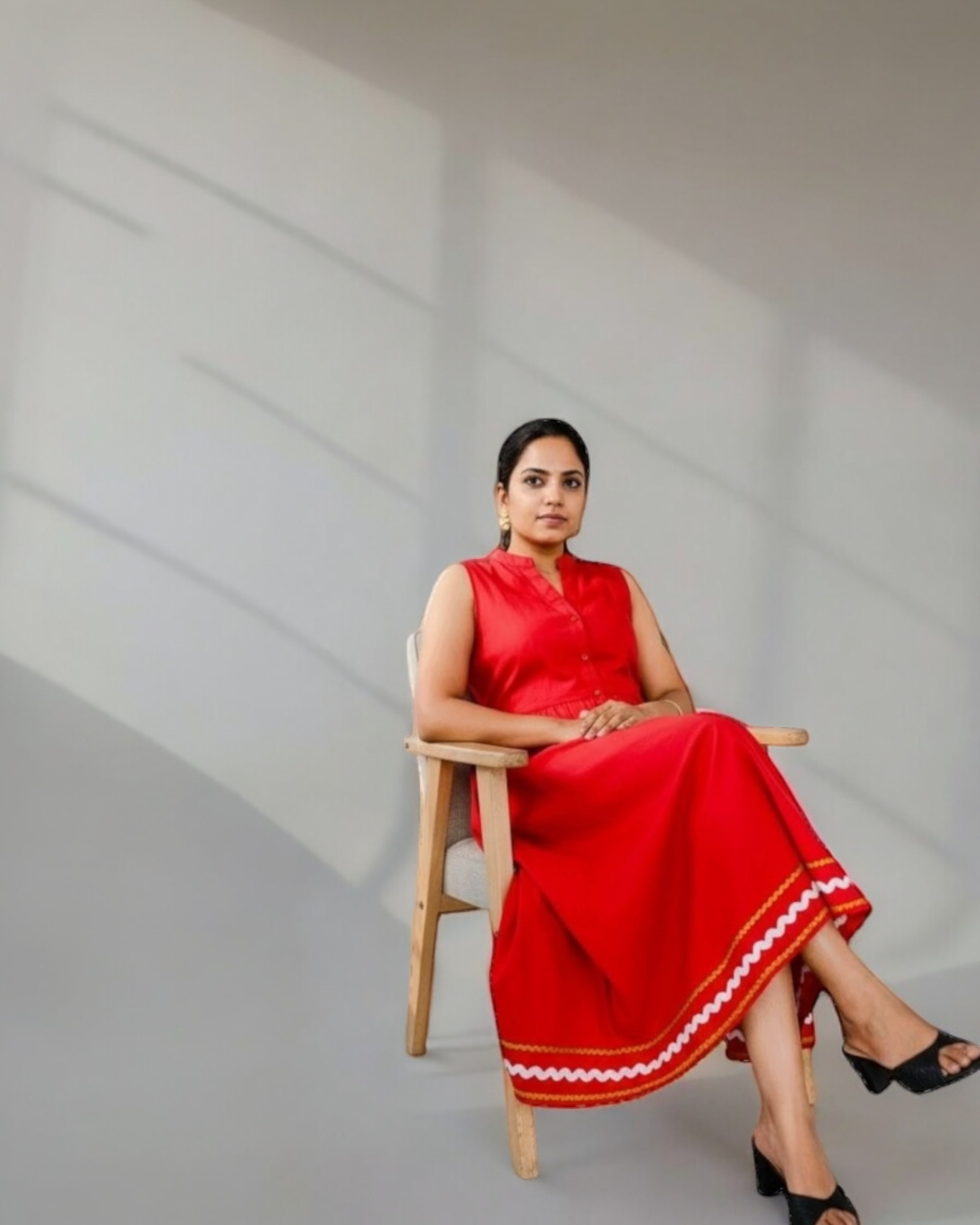 Cherry Red Ric-Rac Trim Notch Collar Midi Dress
