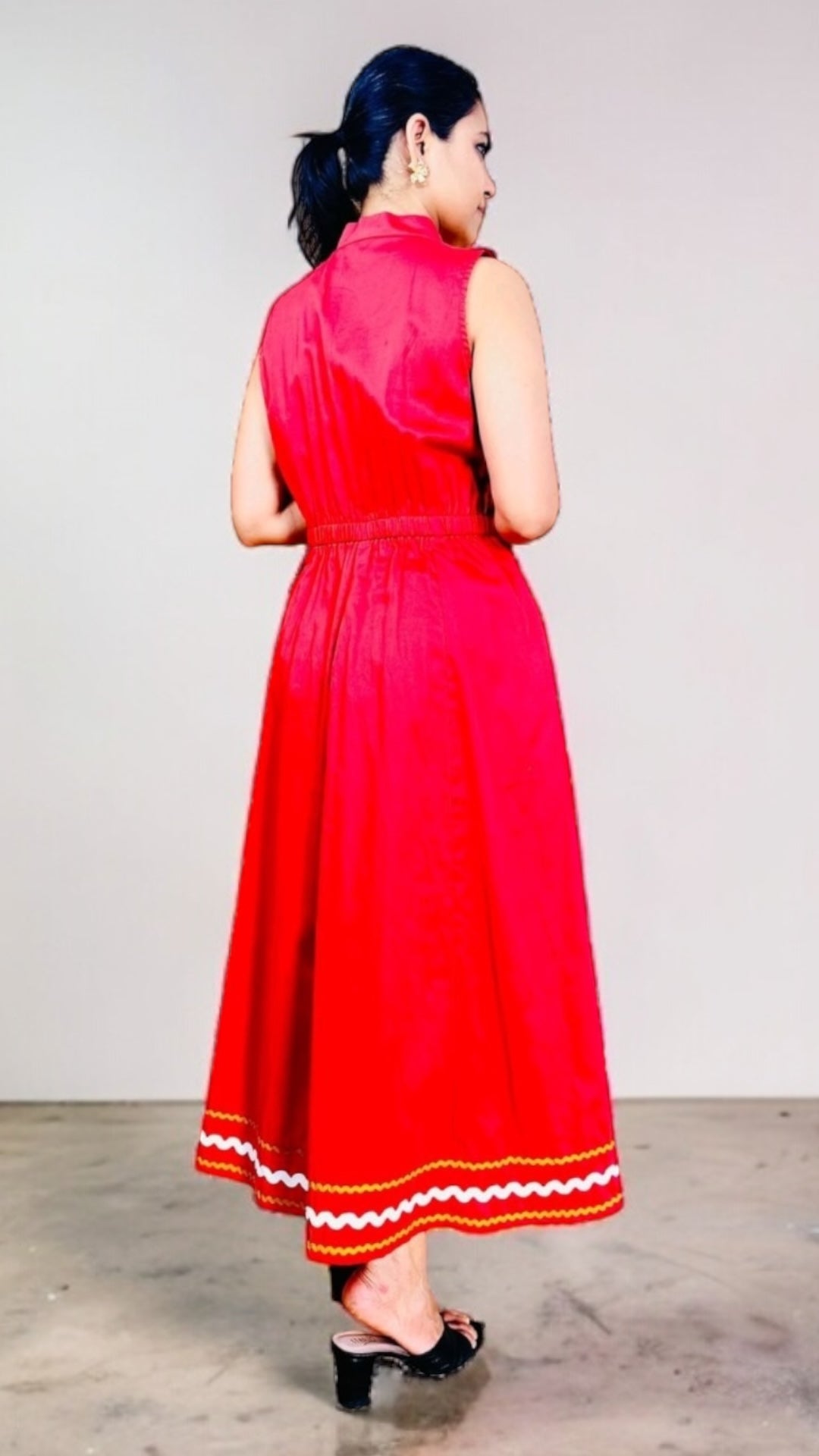 Cherry Red Ric-Rac Trim Notch Collar Midi Dress