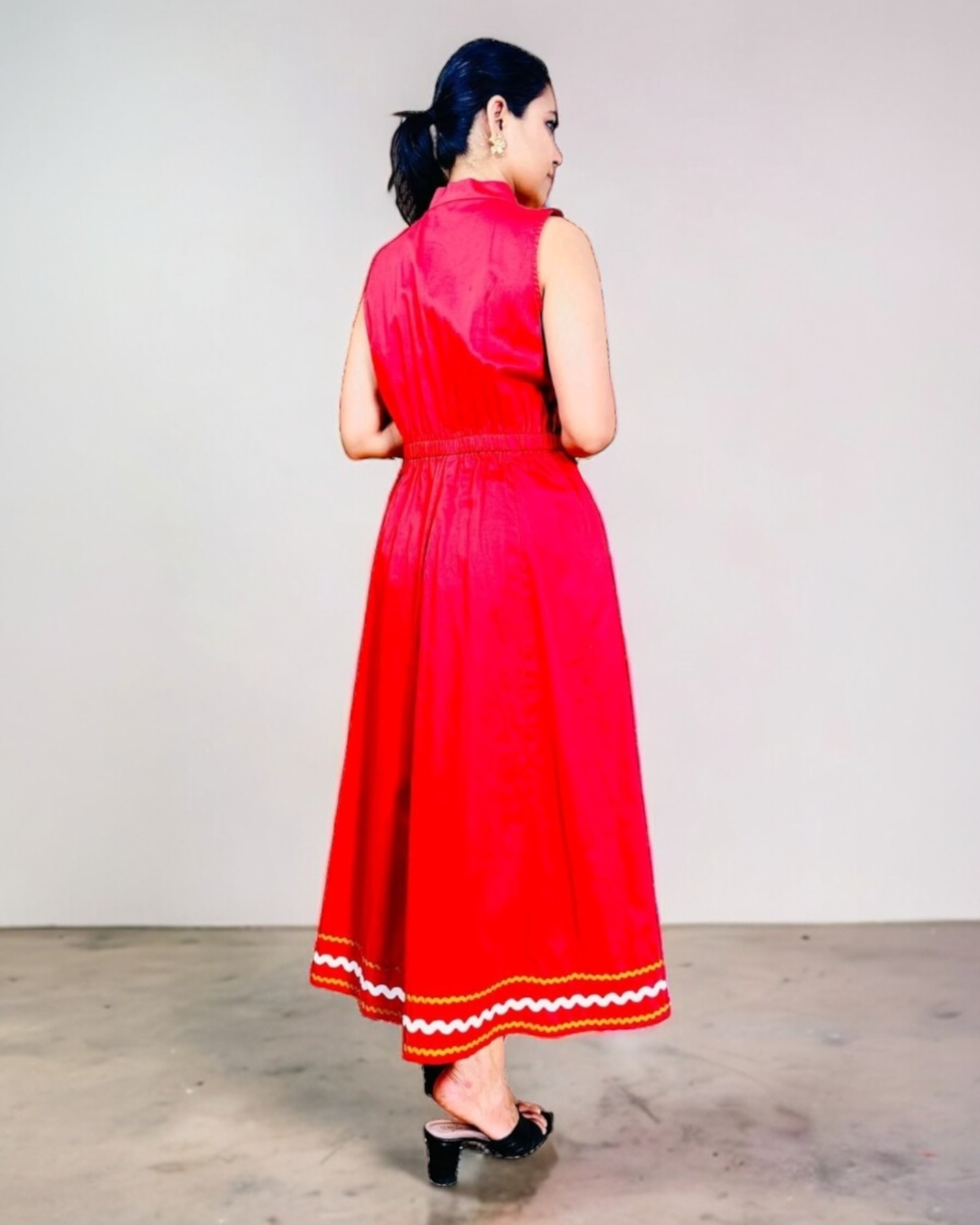 Cherry Red Ric-Rac Trim Notch Collar Midi Dress
