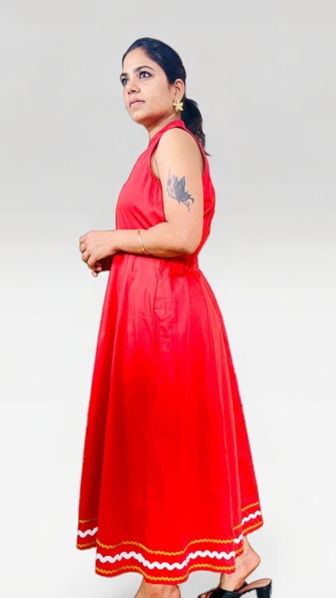 Cherry Red Ric-Rac Trim Notch Collar Midi Dress