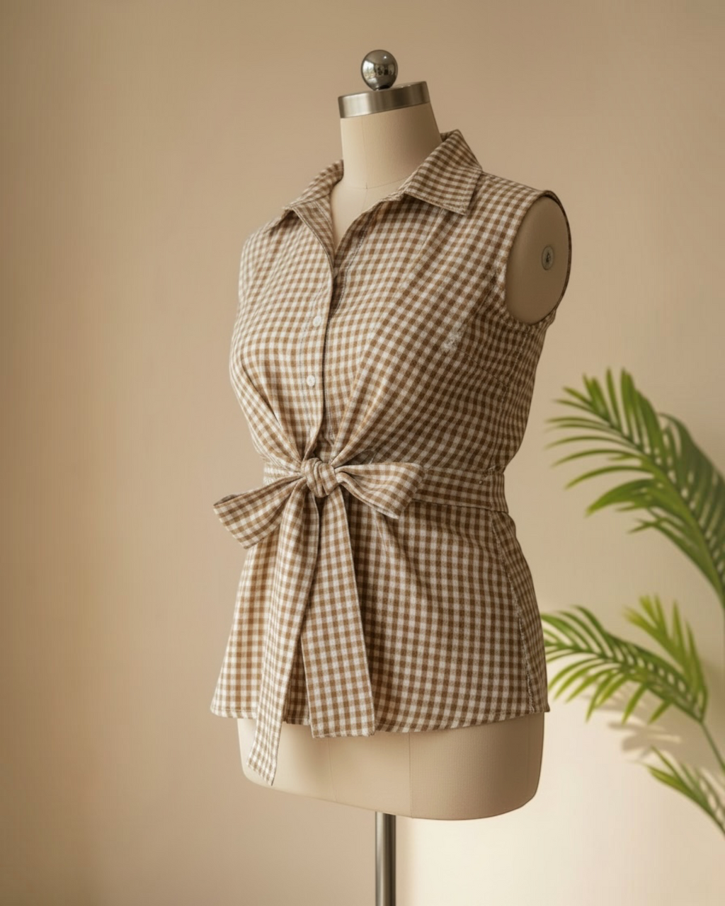 Beige Gingham Check Sleeveless Tie-Front Top