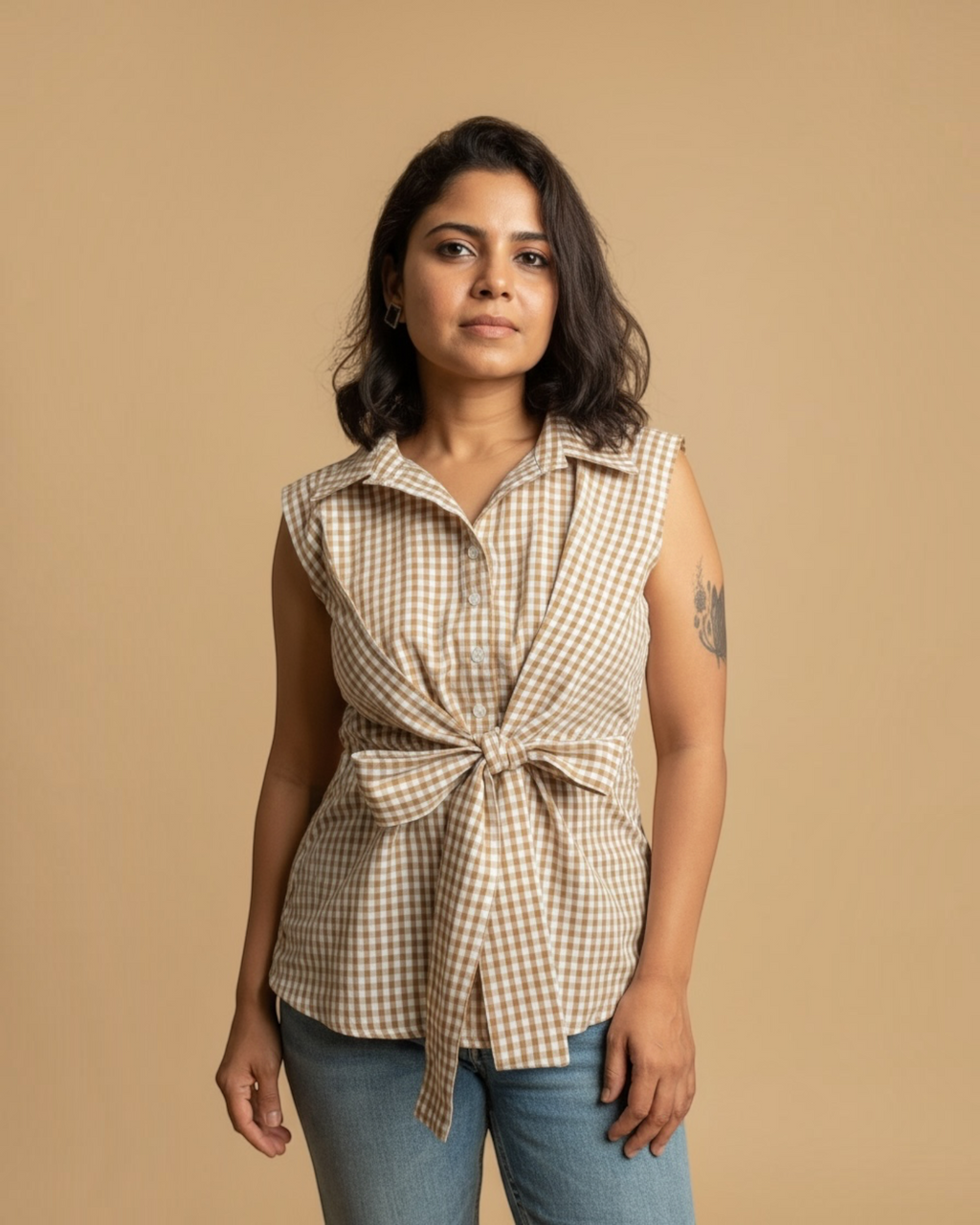Beige Gingham Check Sleeveless Tie-Front Top
