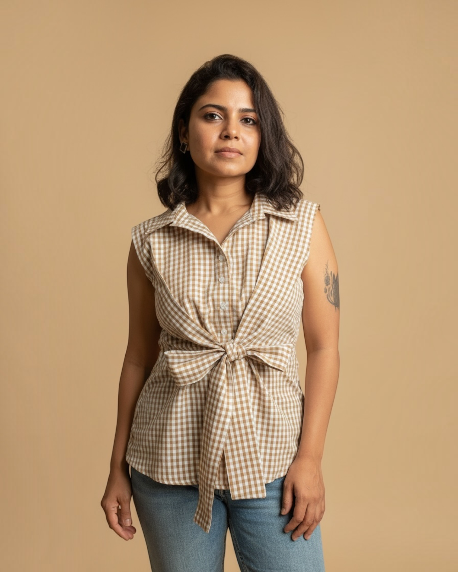 Beige Gingham Check Sleeveless Tie-Front Top