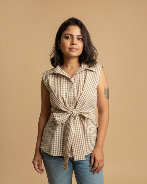Beige Gingham Check Sleeveless Tie-Front Top