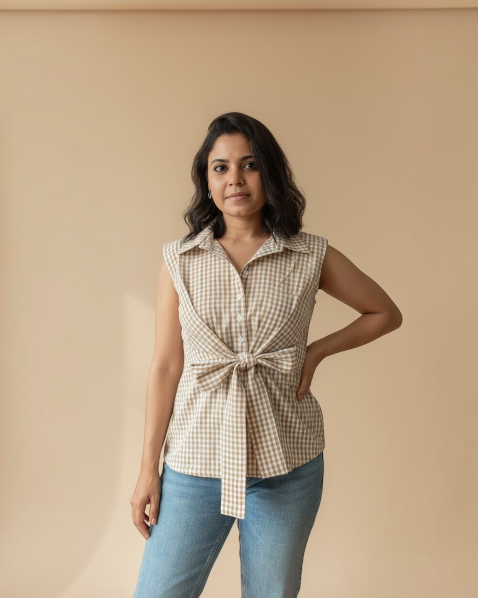 Beige Gingham Check Sleeveless Tie-Front Top