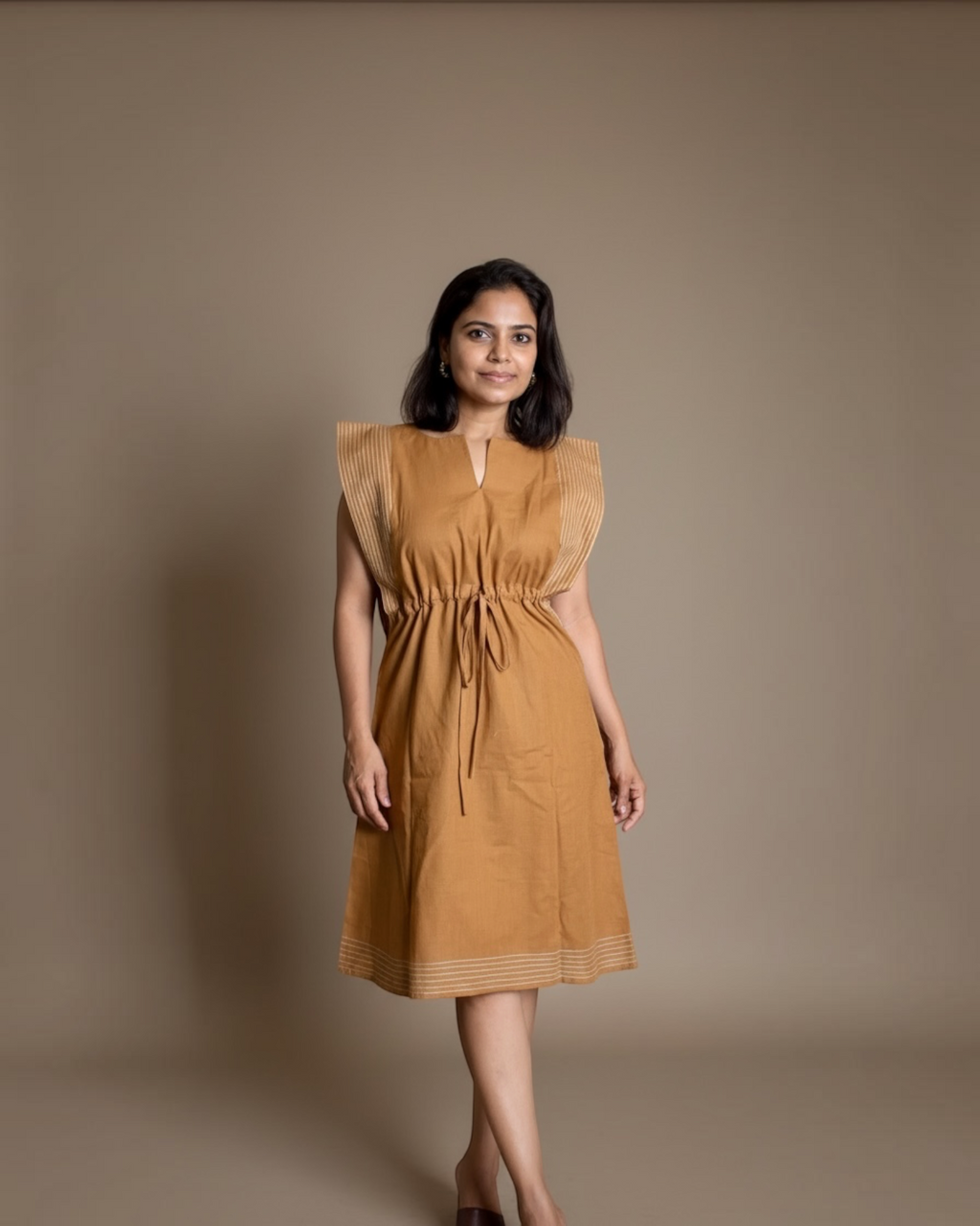 Camel Drawstring Midi Dress